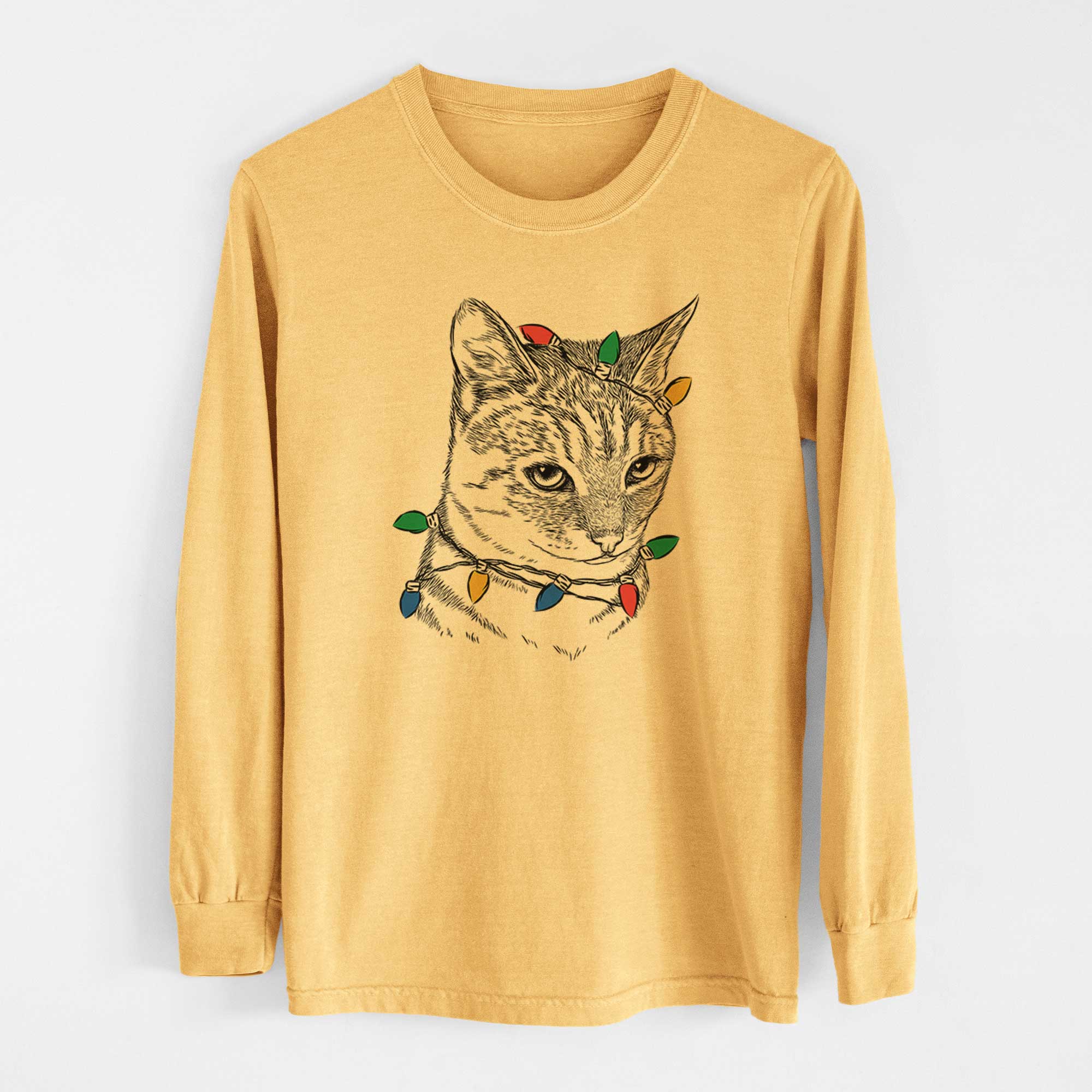 Christmas Lights Dora the Tabby Cat - Heavyweight 100% Cotton Long Sleeve