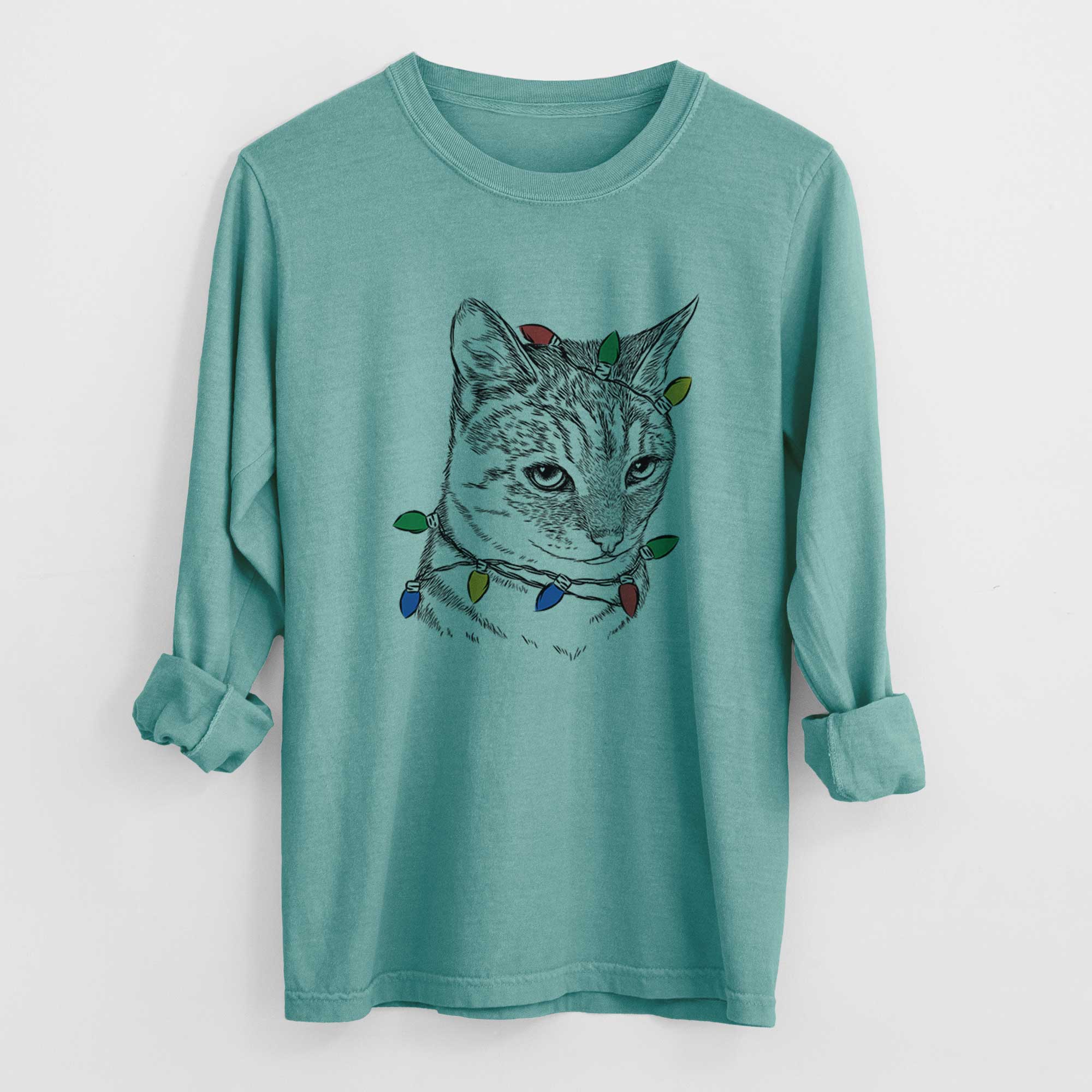 Christmas Lights Dora the Tabby Cat - Heavyweight 100% Cotton Long Sleeve