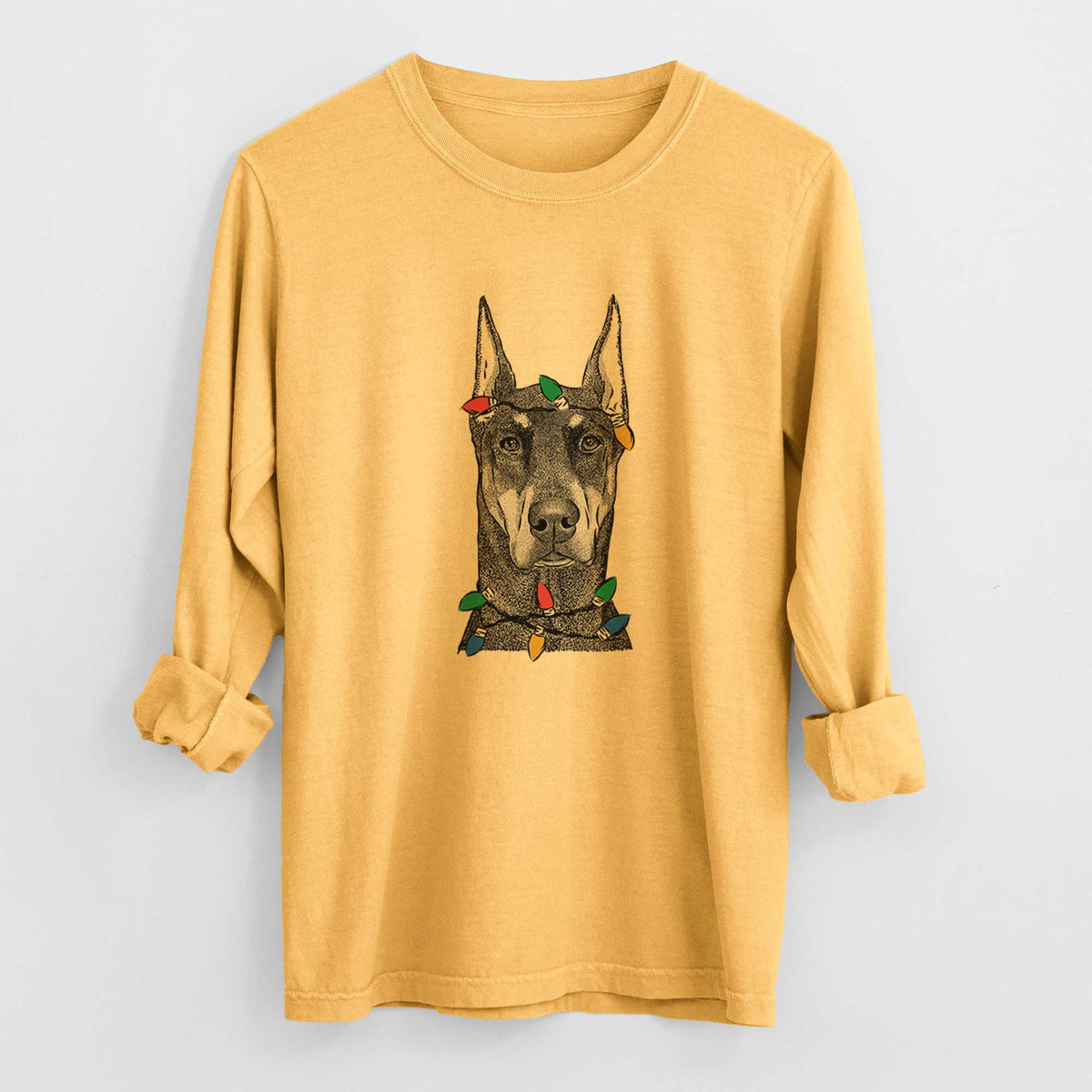 Christmas Lights Drake the Doberman Pinscher - Heavyweight 100% Cotton Long Sleeve