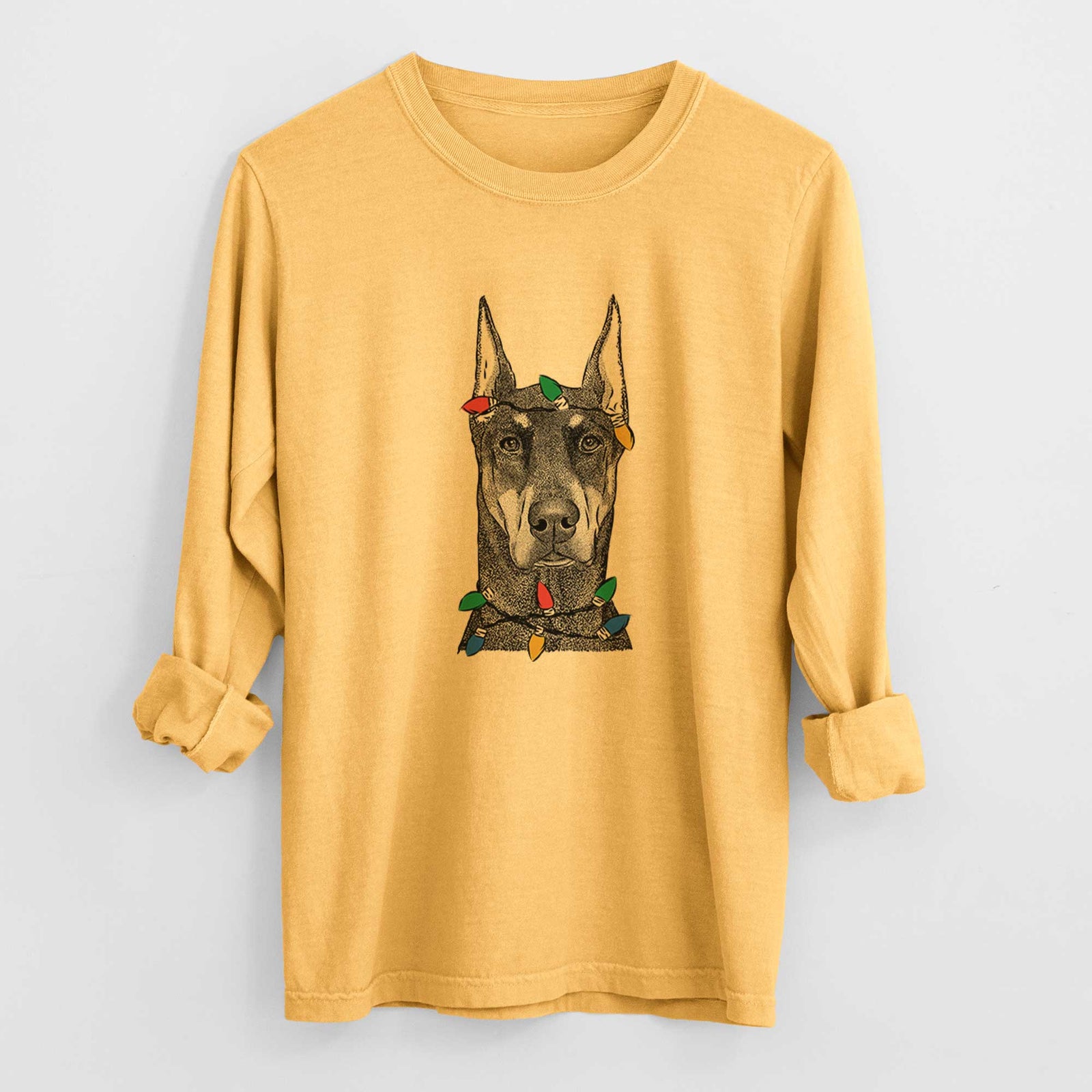 Christmas Lights Drake the Doberman Pinscher - Heavyweight 100% Cotton Long Sleeve