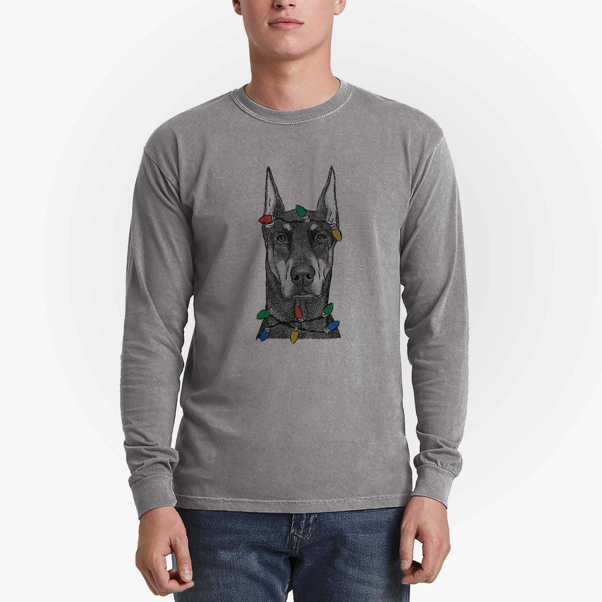 Christmas Lights Drake the Doberman Pinscher - Heavyweight 100% Cotton Long Sleeve