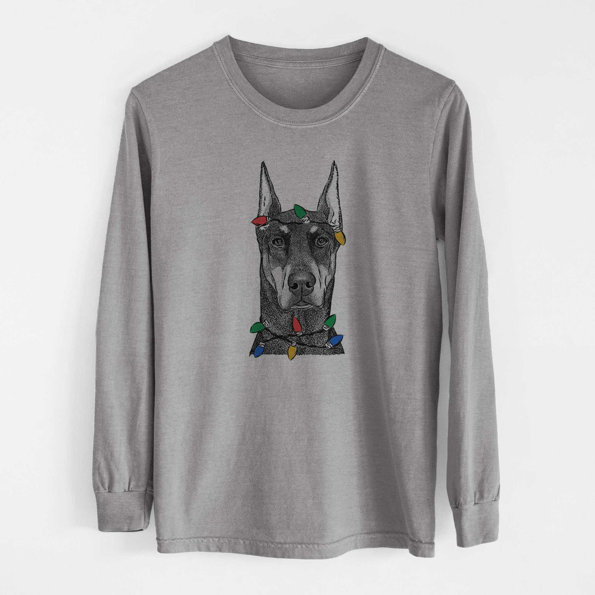 Christmas Lights Drake the Doberman Pinscher - Heavyweight 100% Cotton Long Sleeve