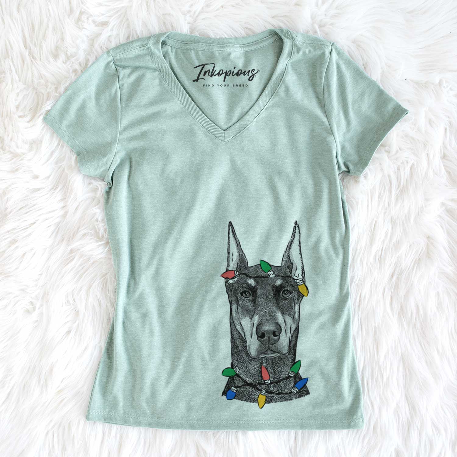 Christmas Lights Drake the Doberman Pinscher - Women's V-neck Shirt