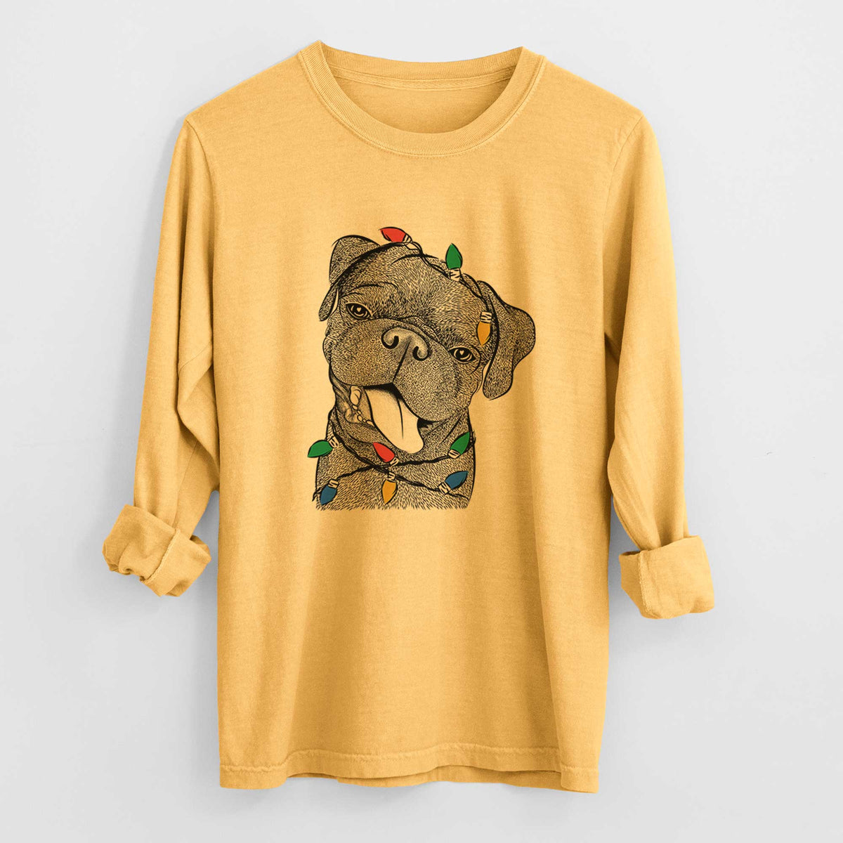 Christmas Lights Dudley Danger the Pug - Heavyweight 100% Cotton Long Sleeve