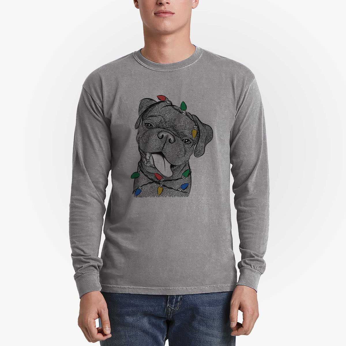 Christmas Lights Dudley Danger the Pug - Heavyweight 100% Cotton Long Sleeve