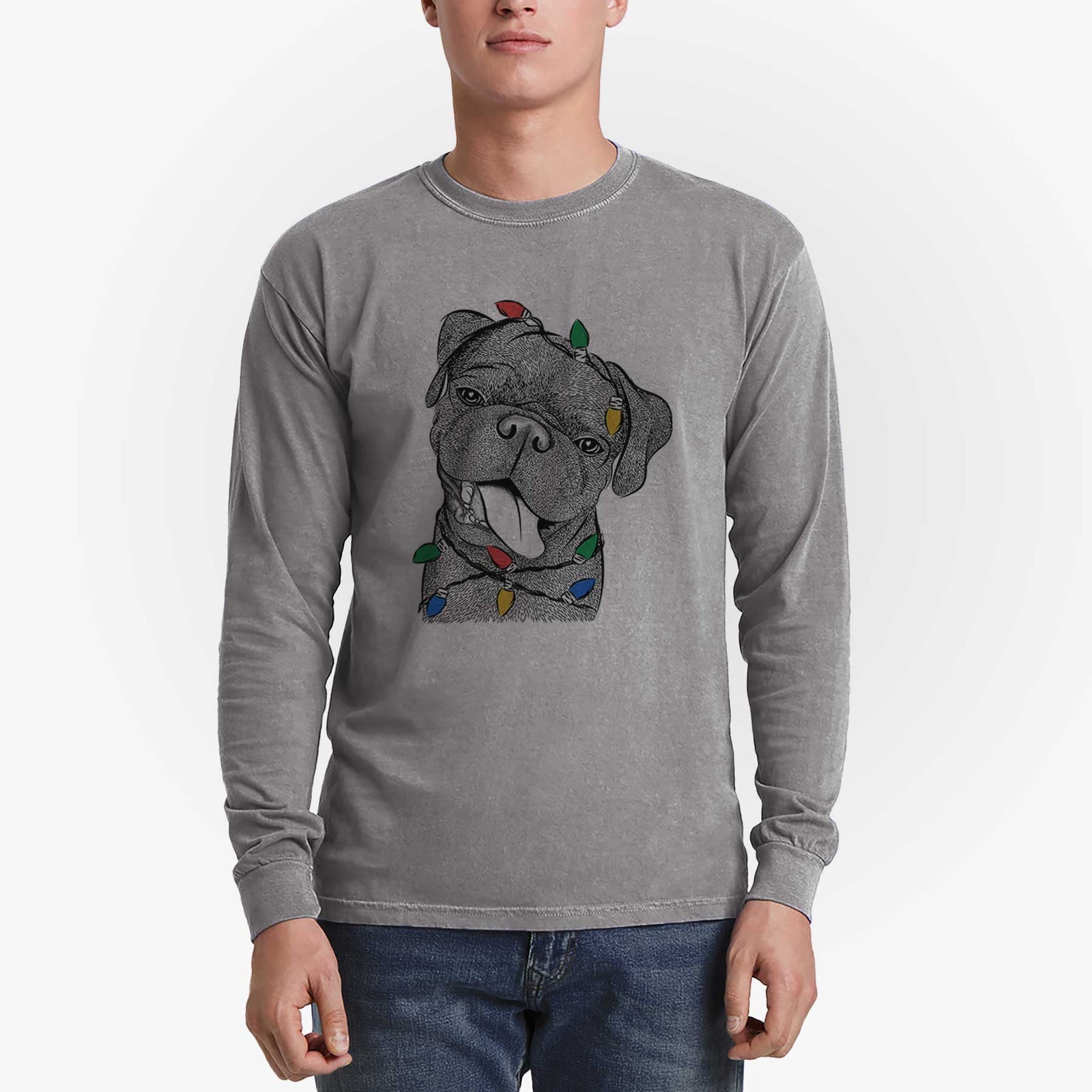 Christmas Lights Dudley Danger the Pug - Heavyweight 100% Cotton Long Sleeve