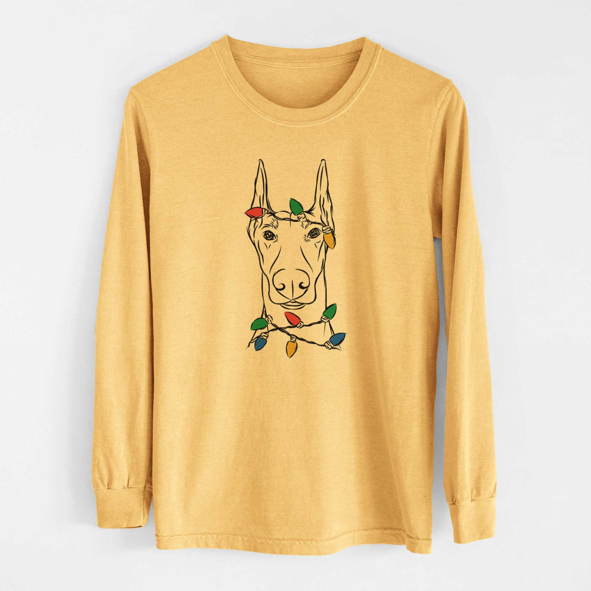 Christmas Lights Duke the Doberman Pinscher - Heavyweight 100% Cotton Long Sleeve