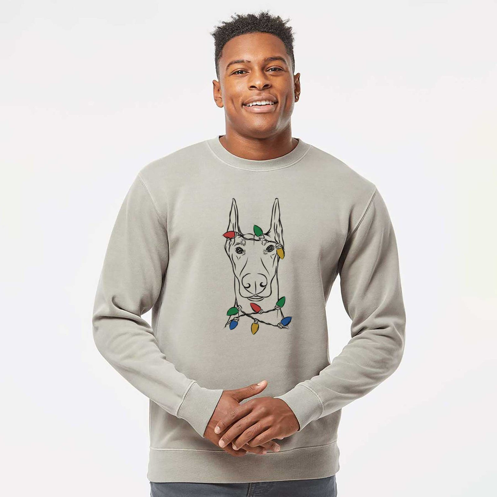 Christmas Lights Duke the Doberman Pinscher - Unisex Pigment Dyed Crew Sweatshirt