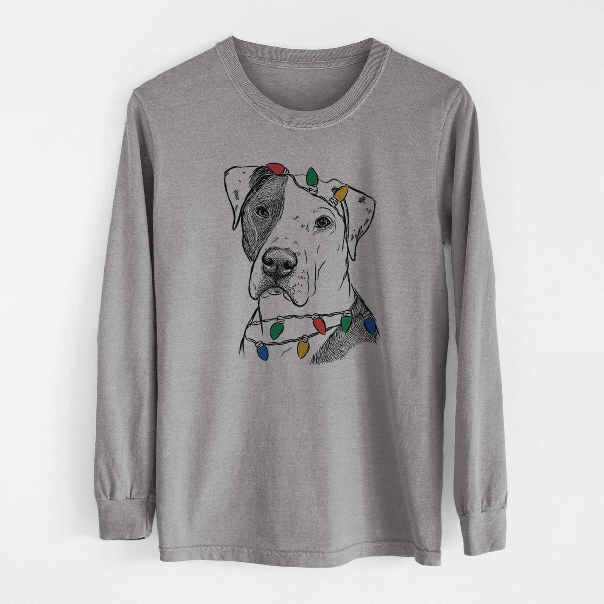Christmas Lights Duke the American Staffordshire Terrier Mix - Heavyweight 100% Cotton Long Sleeve