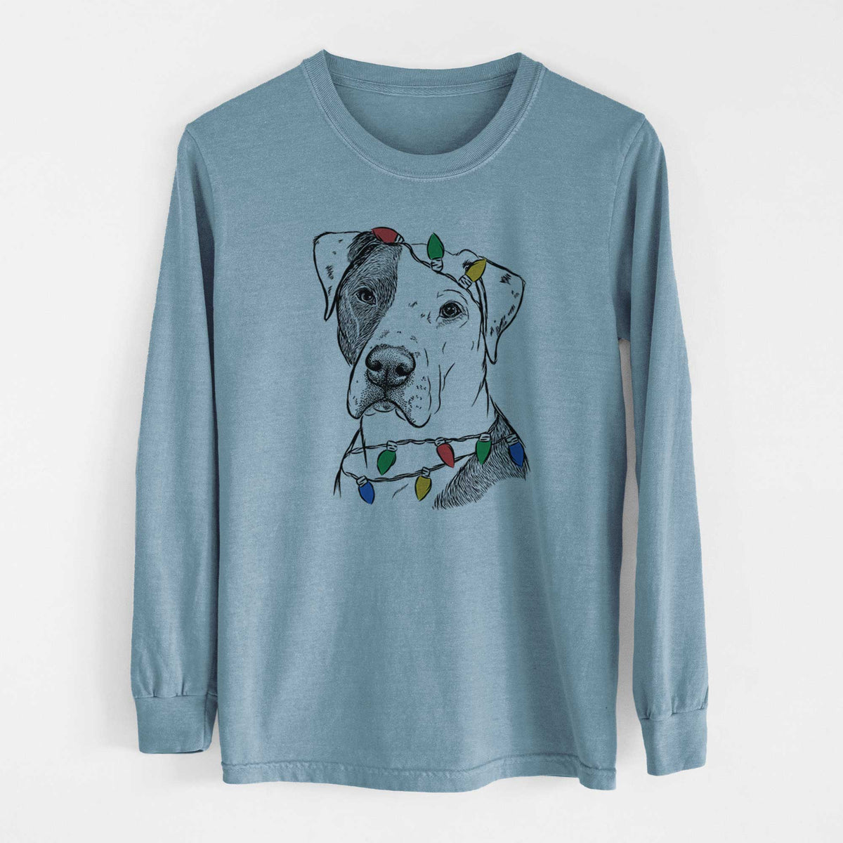 Christmas Lights Duke the American Staffordshire Terrier Mix - Heavyweight 100% Cotton Long Sleeve