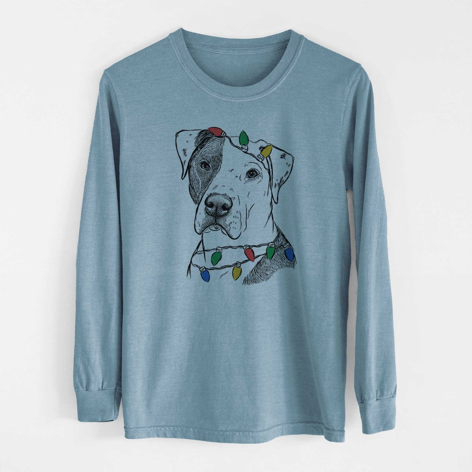 Christmas Lights Duke the American Staffordshire Terrier Mix - Heavyweight 100% Cotton Long Sleeve