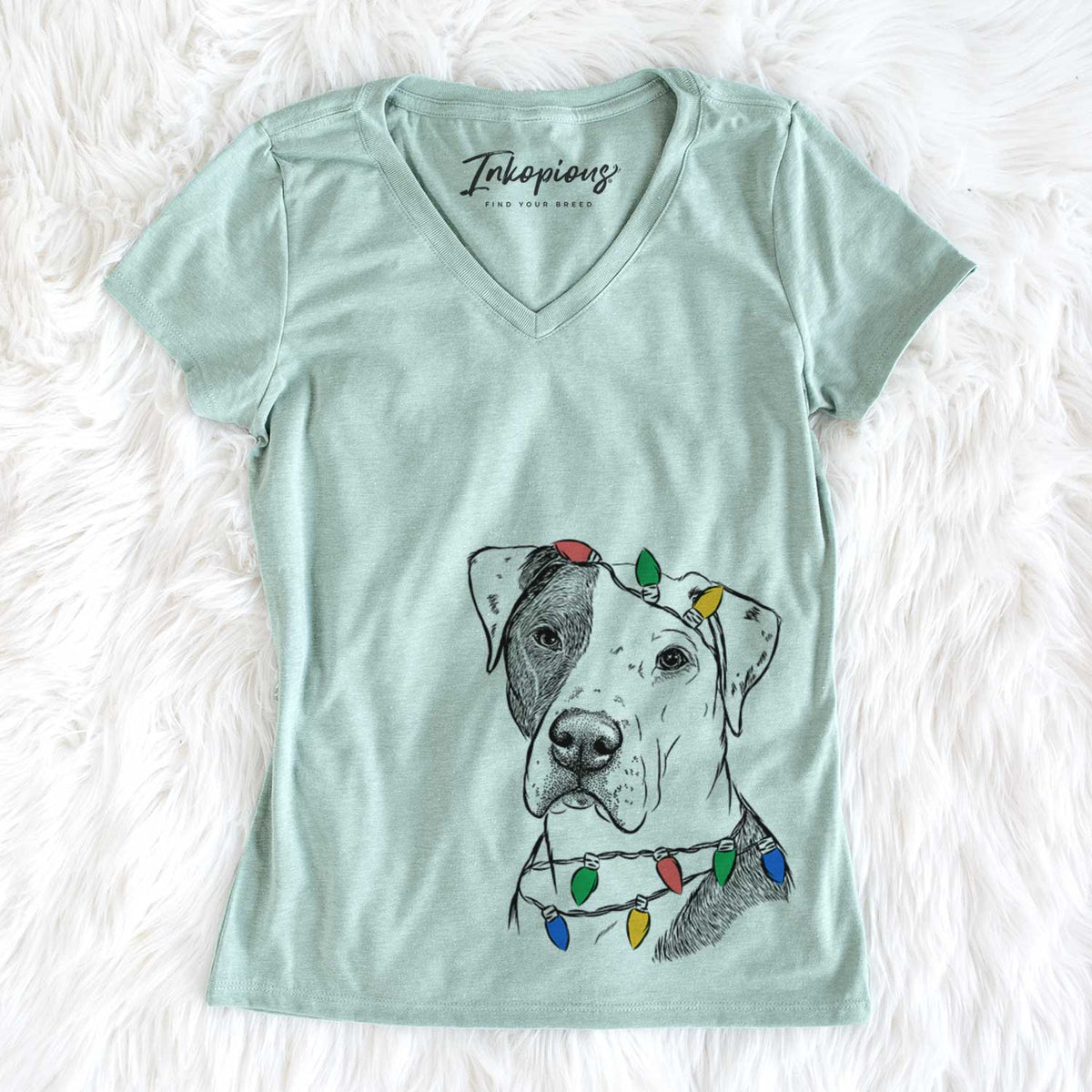 Christmas Lights Duke the American Staffordshire Terrier Mix - Women&#39;s V-neck Shirt