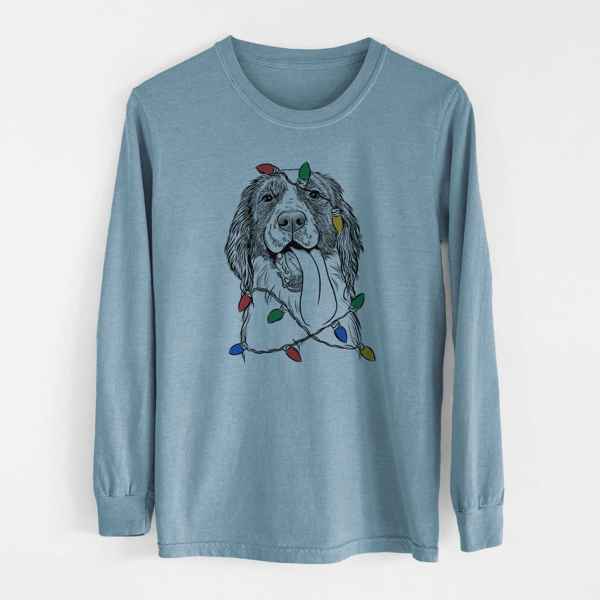 Christmas Lights Duke the English Springer Spaniel - Heavyweight 100% Cotton Long Sleeve