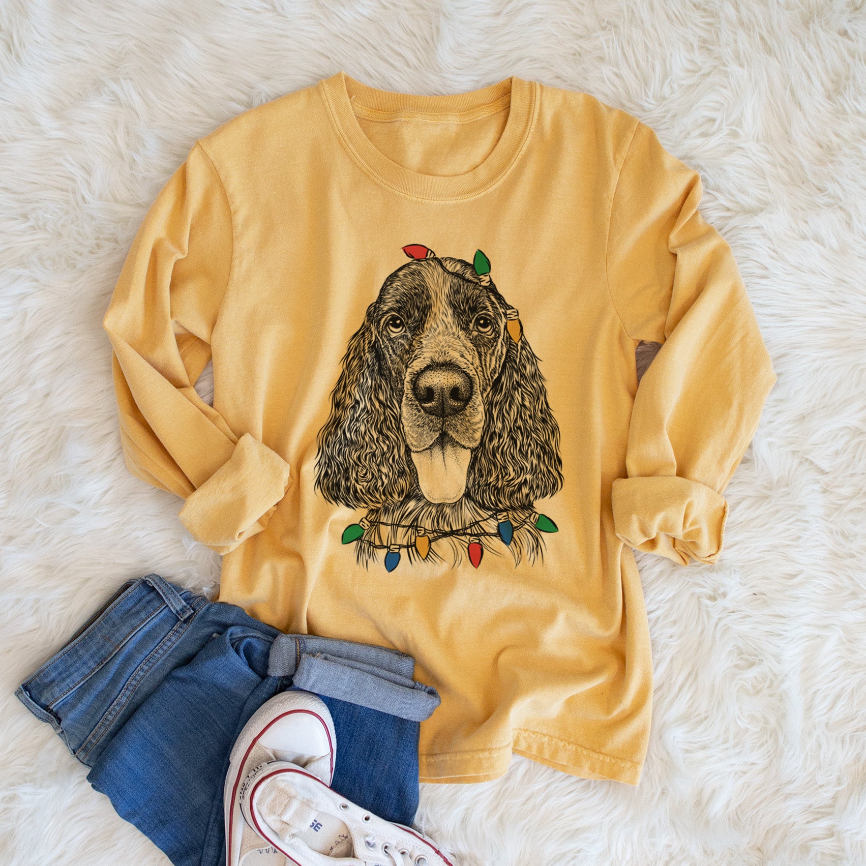 Christmas Lights Duke the English Springer Spaniel - Heavyweight 100% Cotton Long Sleeve