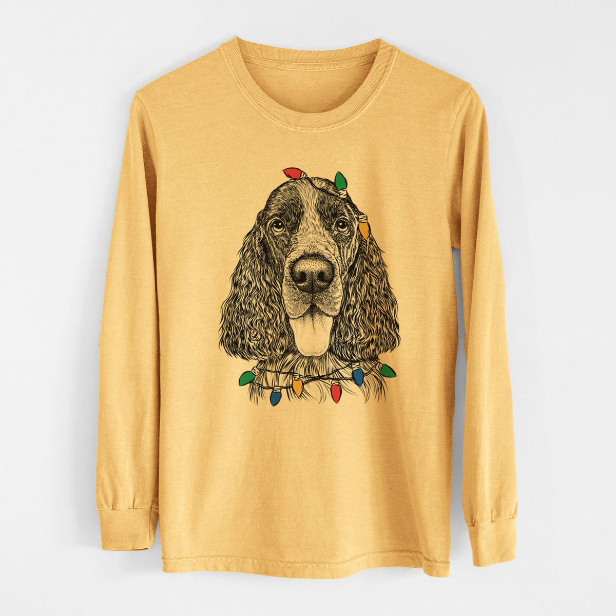 Christmas Lights Duke the English Springer Spaniel - Heavyweight 100% Cotton Long Sleeve