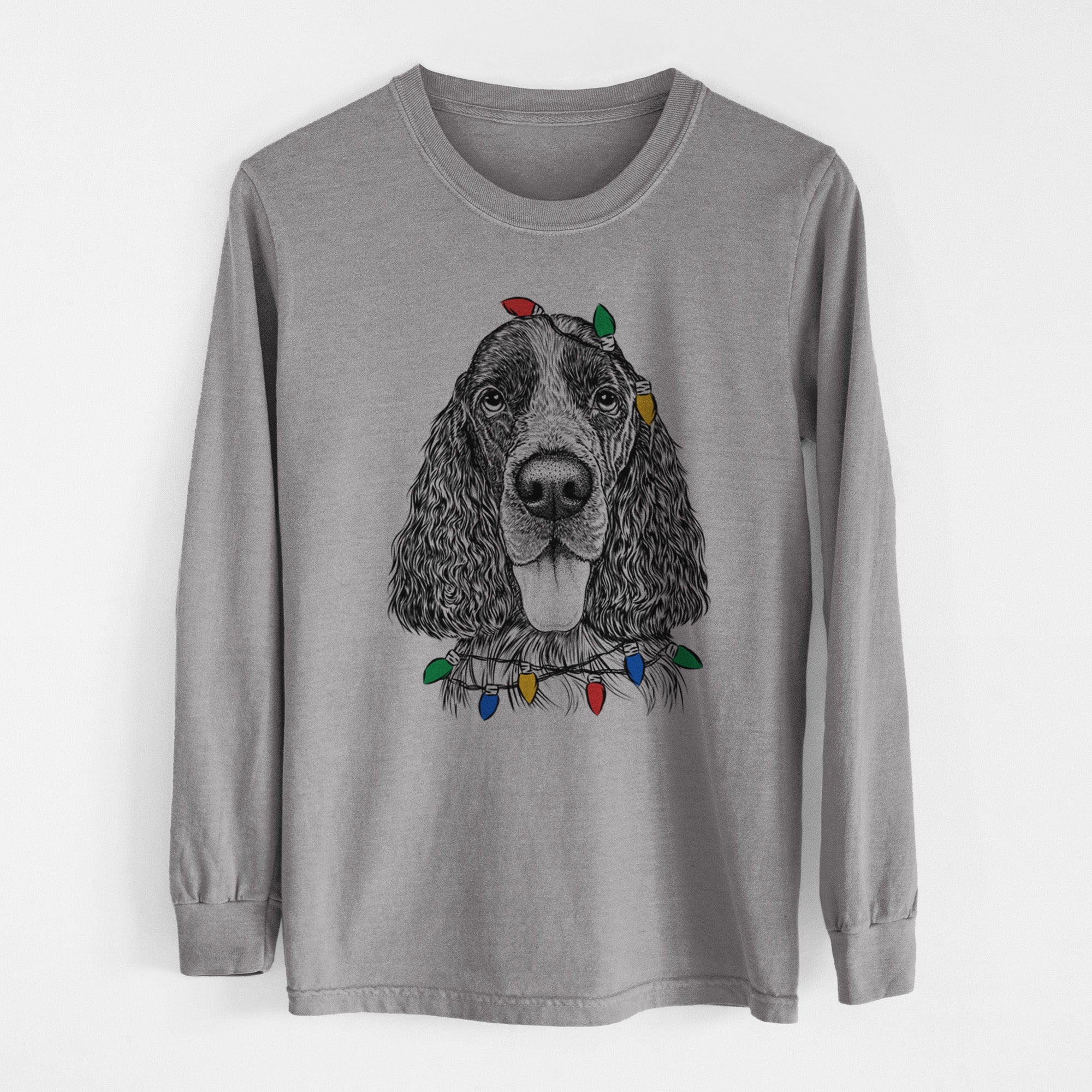 Christmas Lights Duke the English Springer Spaniel - Heavyweight 100% Cotton Long Sleeve