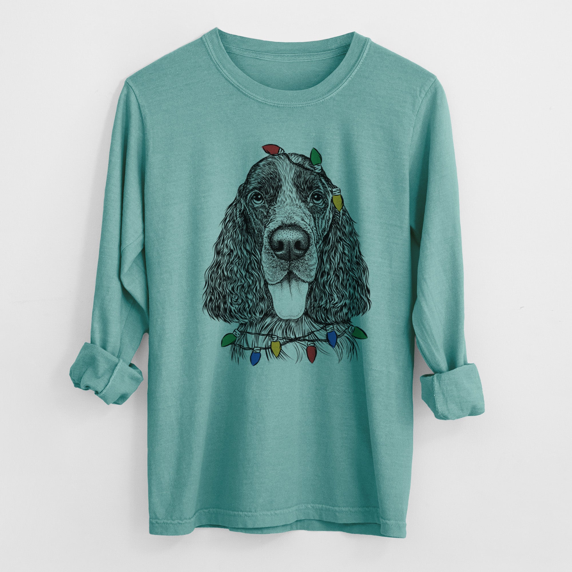 Christmas Lights Duke the English Springer Spaniel - Heavyweight 100% Cotton Long Sleeve