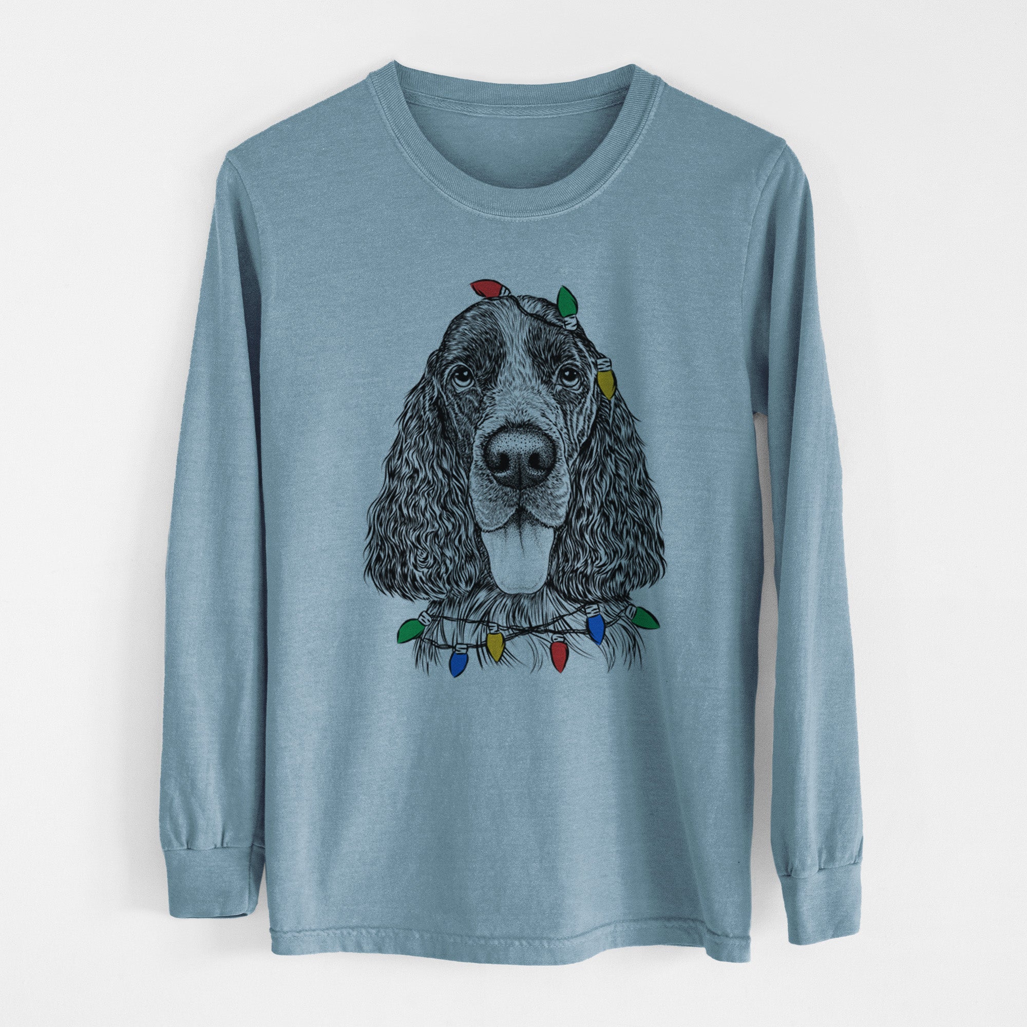 Christmas Lights Duke the English Springer Spaniel - Heavyweight 100% Cotton Long Sleeve