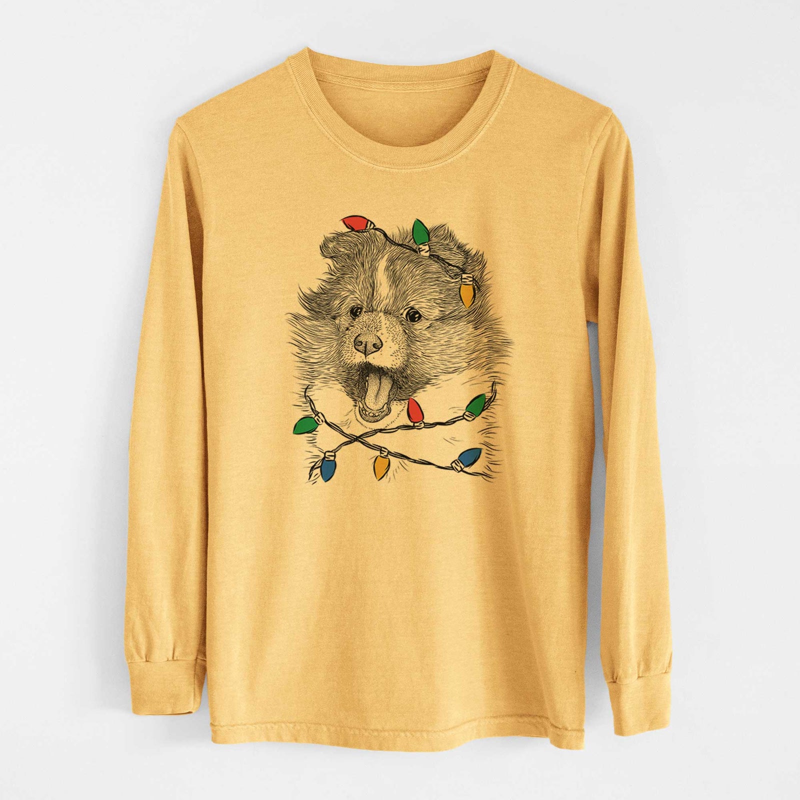 Christmas Lights Dylan the Shetland Sheepdog - Heavyweight 100% Cotton Long Sleeve