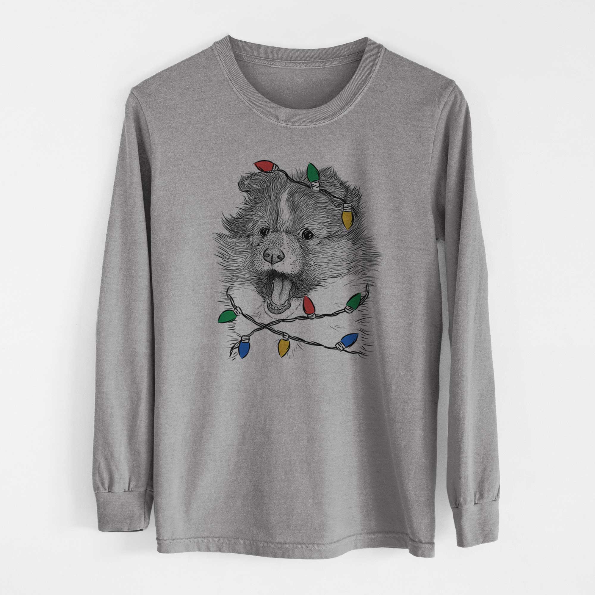 Christmas Lights Dylan the Shetland Sheepdog - Heavyweight 100% Cotton Long Sleeve