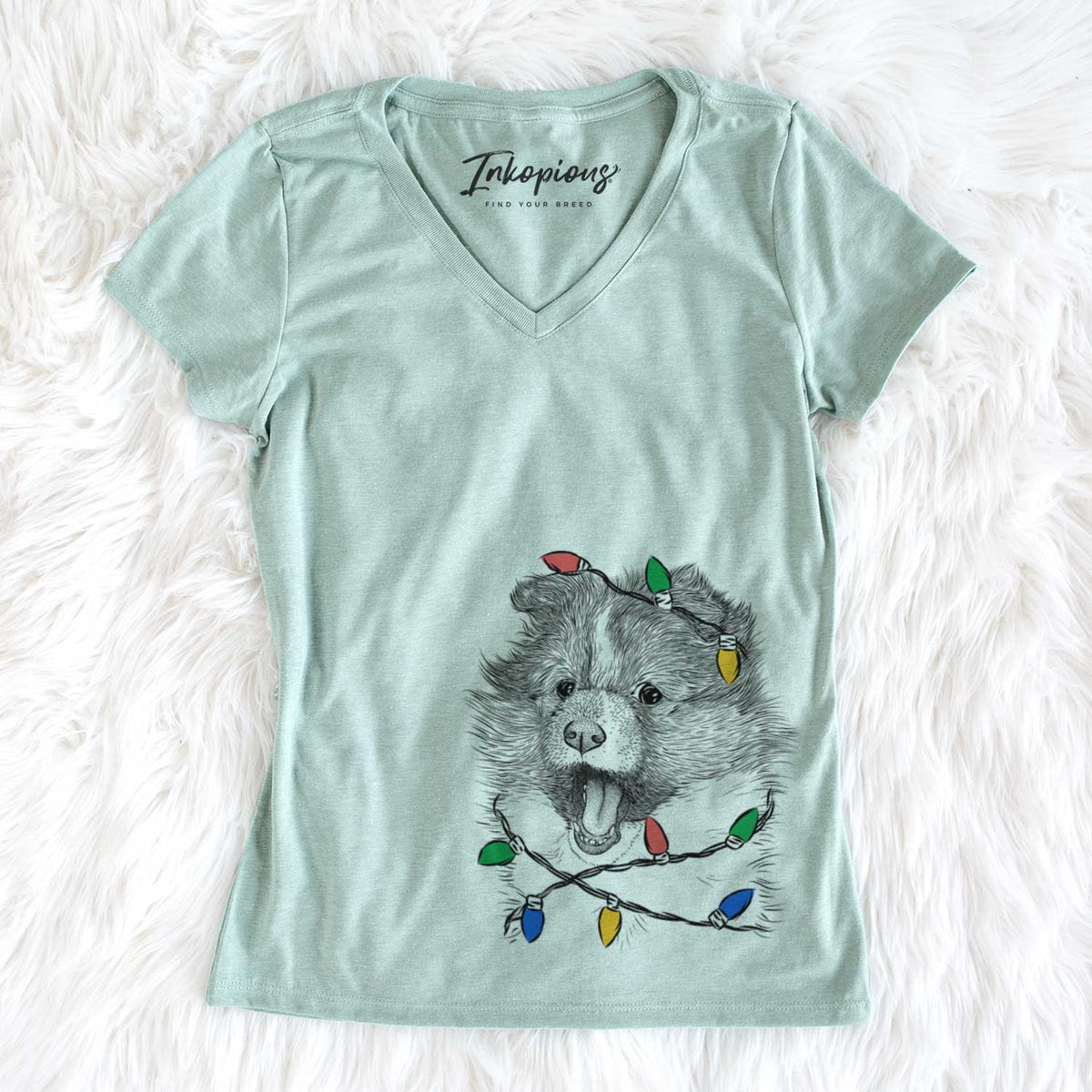 Christmas Lights Dylan the Shetland Sheepdog - Women&#39;s V-neck Shirt