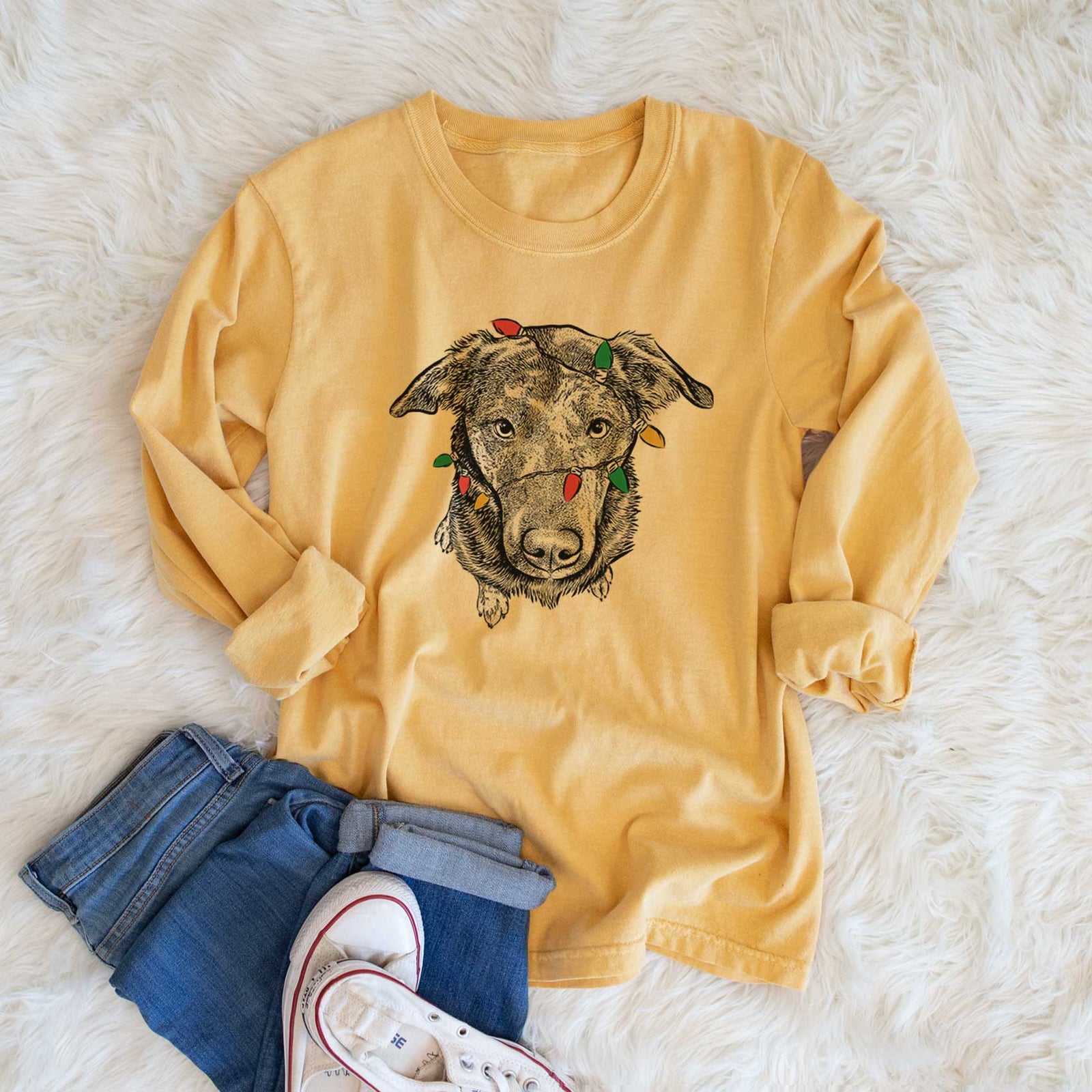 Christmas Lights Echo the Pitbull Beagle Mix - Heavyweight 100% Cotton Long Sleeve