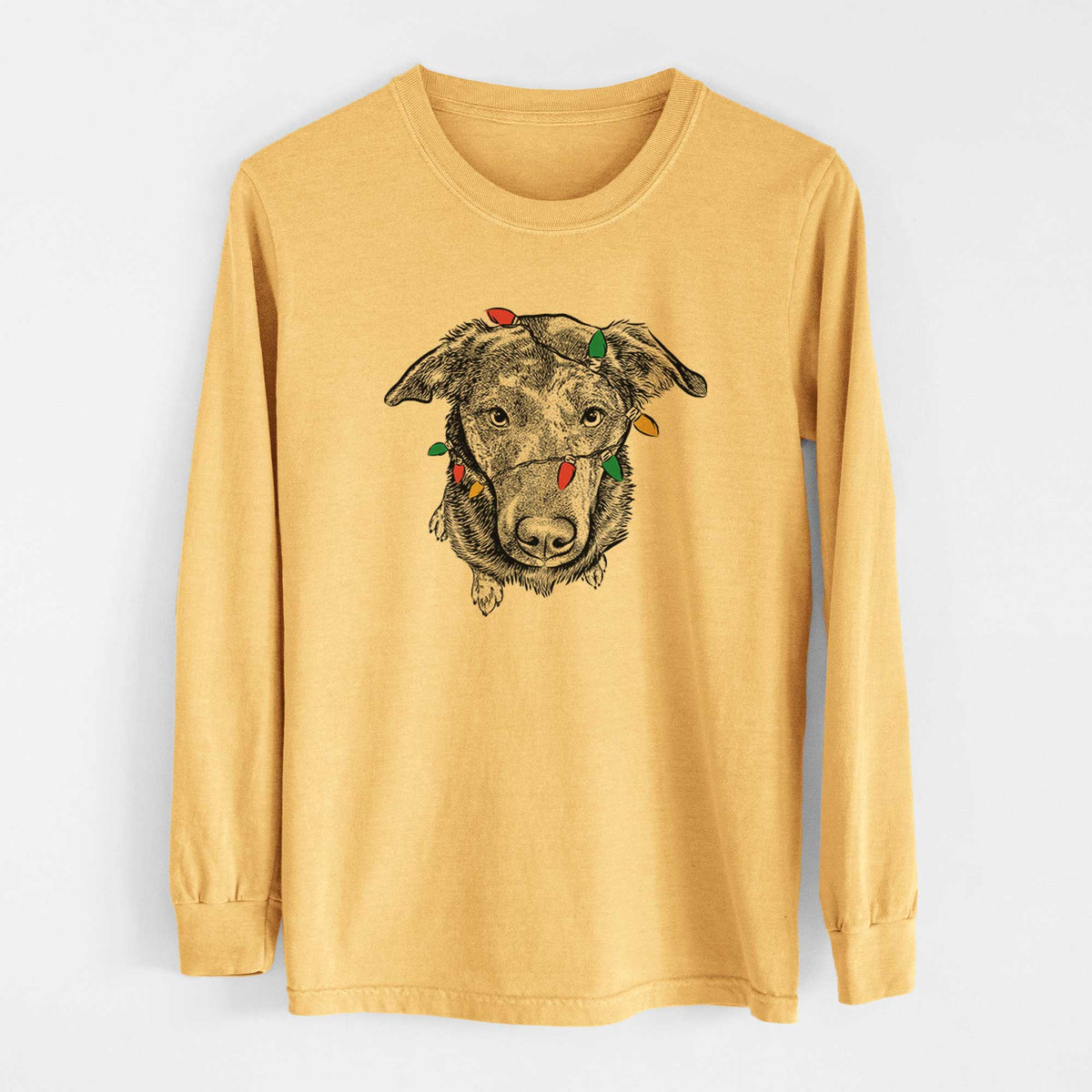 Christmas Lights Echo the Pitbull Beagle Mix - Heavyweight 100% Cotton Long Sleeve