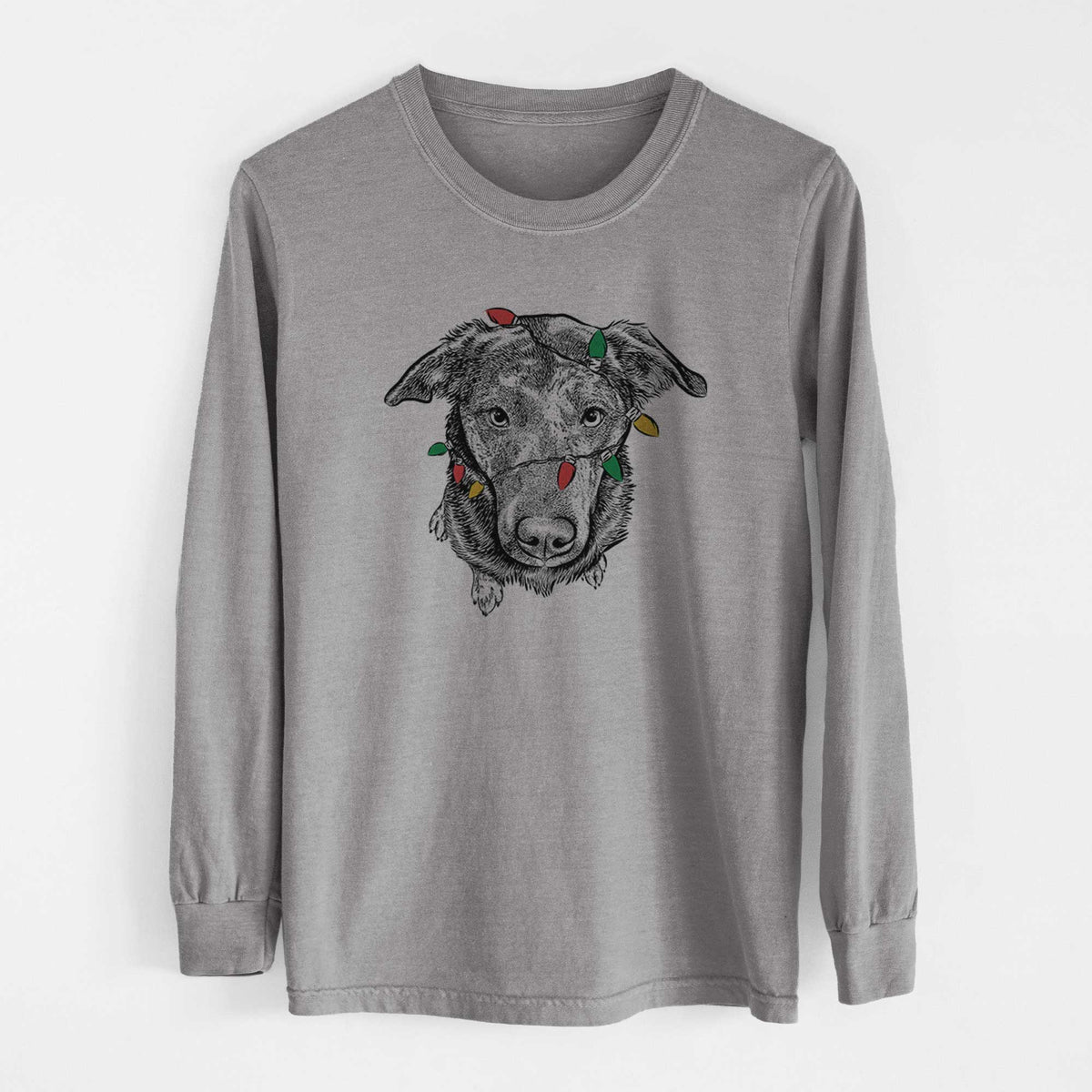 Christmas Lights Echo the Pitbull Beagle Mix - Heavyweight 100% Cotton Long Sleeve