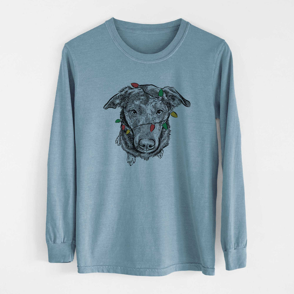 Christmas Lights Echo the Pitbull Beagle Mix - Heavyweight 100% Cotton Long Sleeve