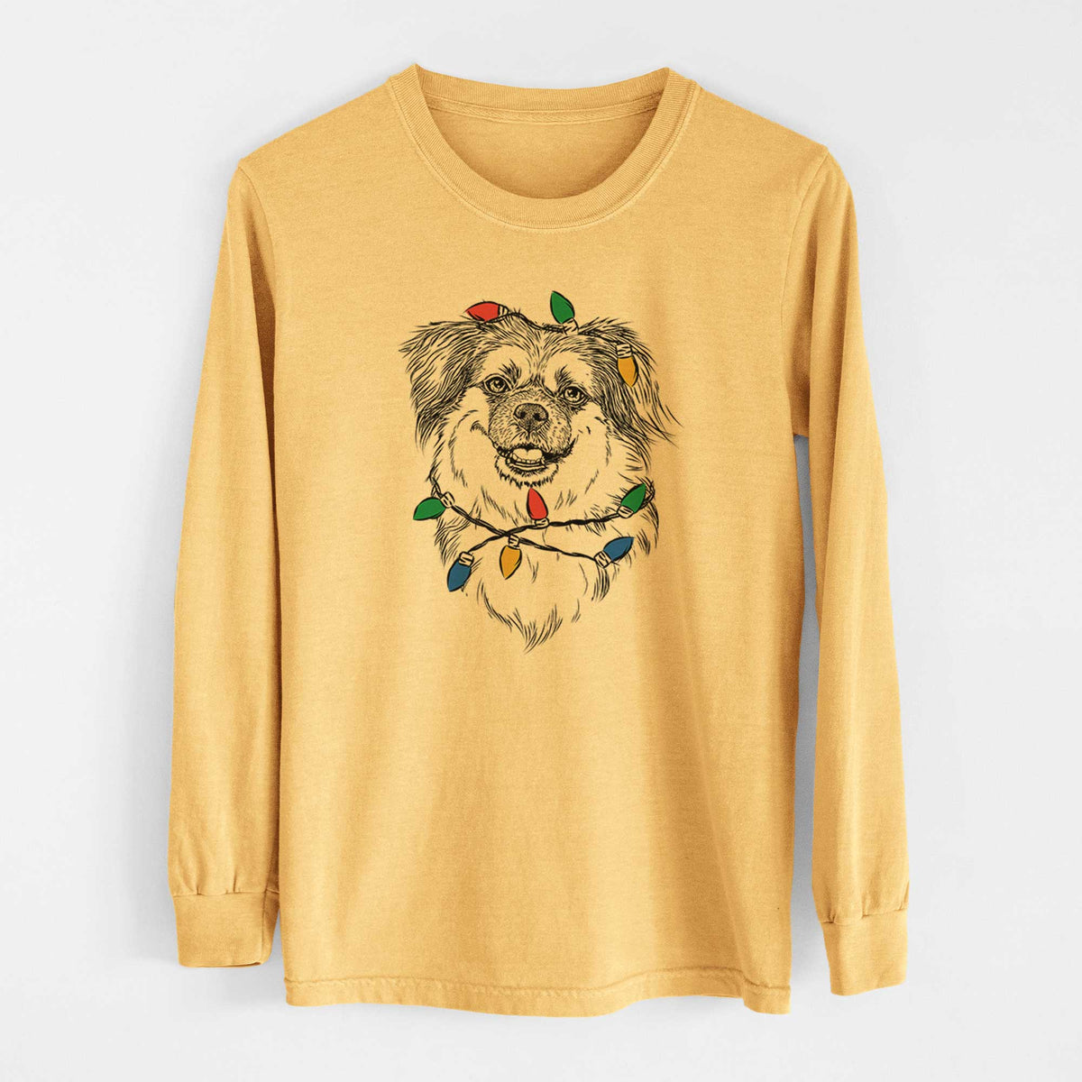 Christmas Lights Ed the Tibetan Spaniel - Heavyweight 100% Cotton Long Sleeve