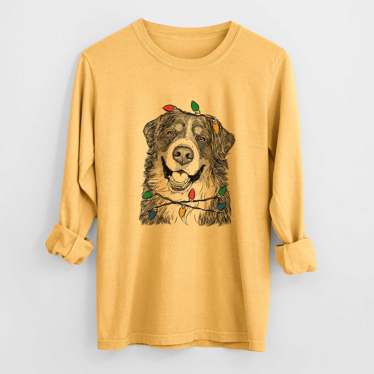 Christmas Lights Eiger the Bernese Mountain Dog - Heavyweight 100% Cotton Long Sleeve