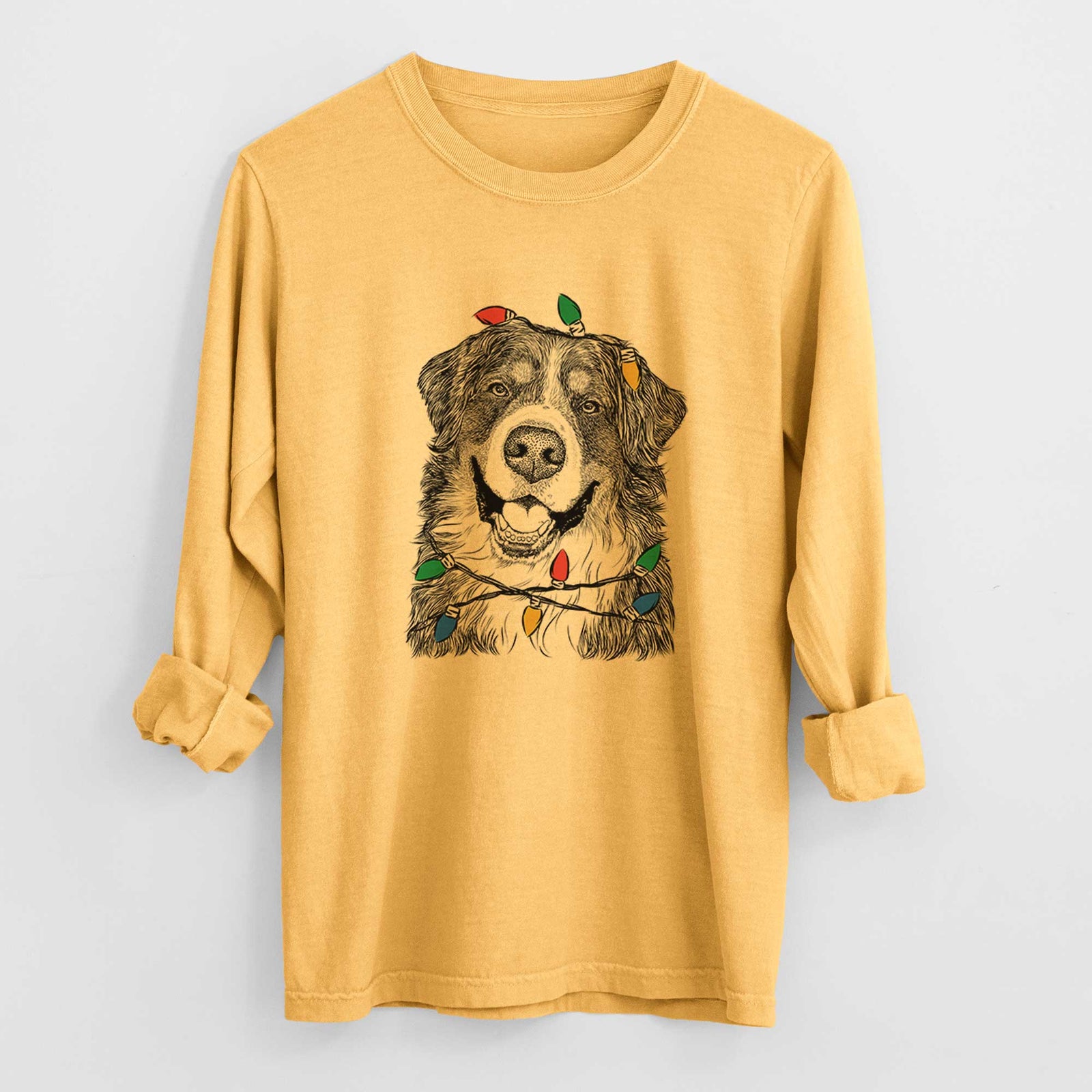 Christmas Lights Eiger the Bernese Mountain Dog - Heavyweight 100% Cotton Long Sleeve