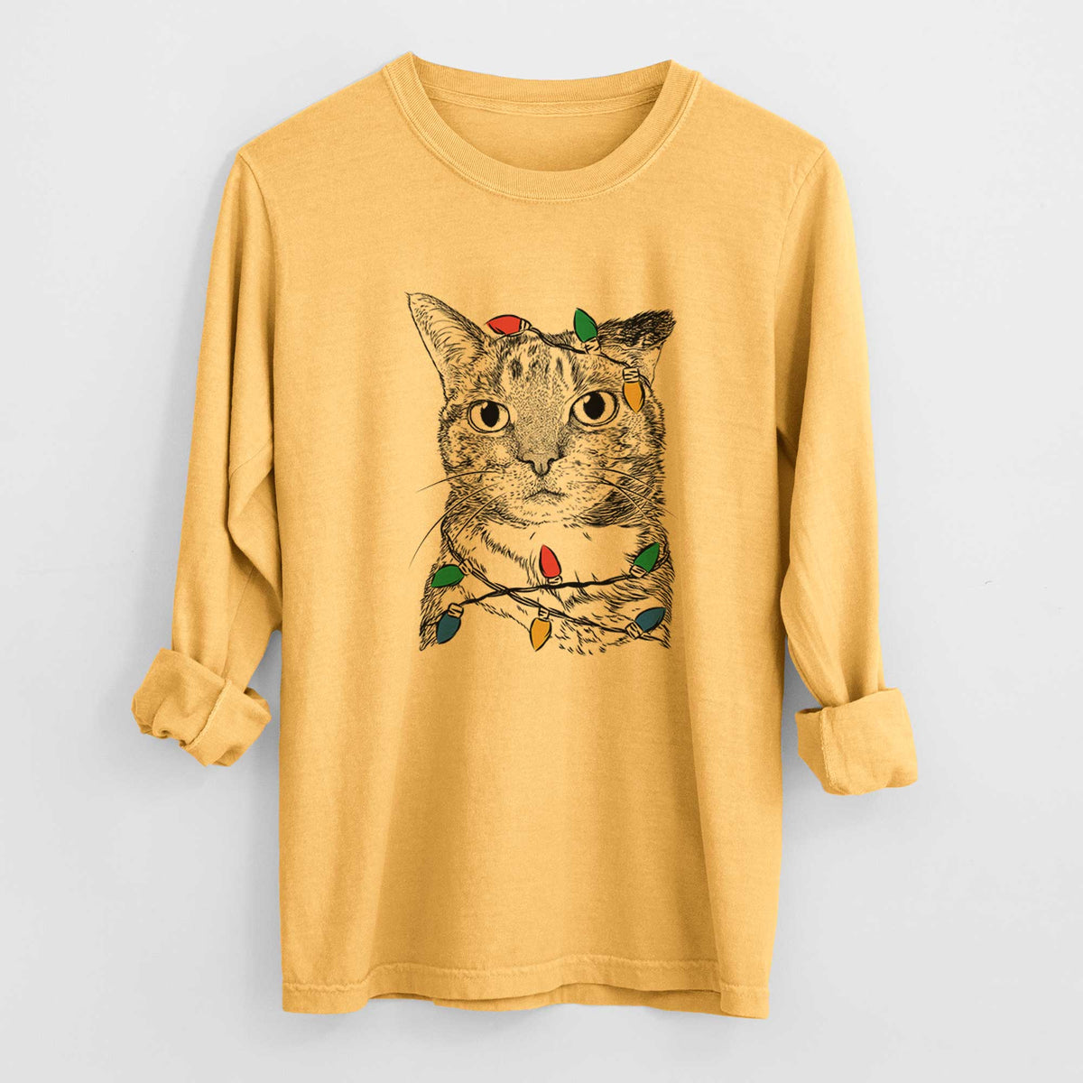 Christmas Lights Eleanor the Domestic Shorthair Cat - Heavyweight 100% Cotton Long Sleeve