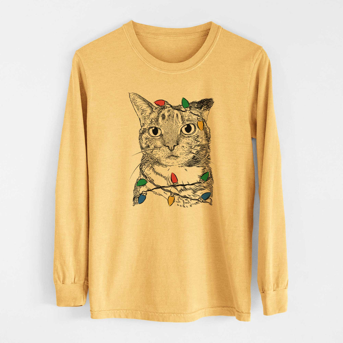 Christmas Lights Eleanor the Domestic Shorthair Cat - Heavyweight 100% Cotton Long Sleeve