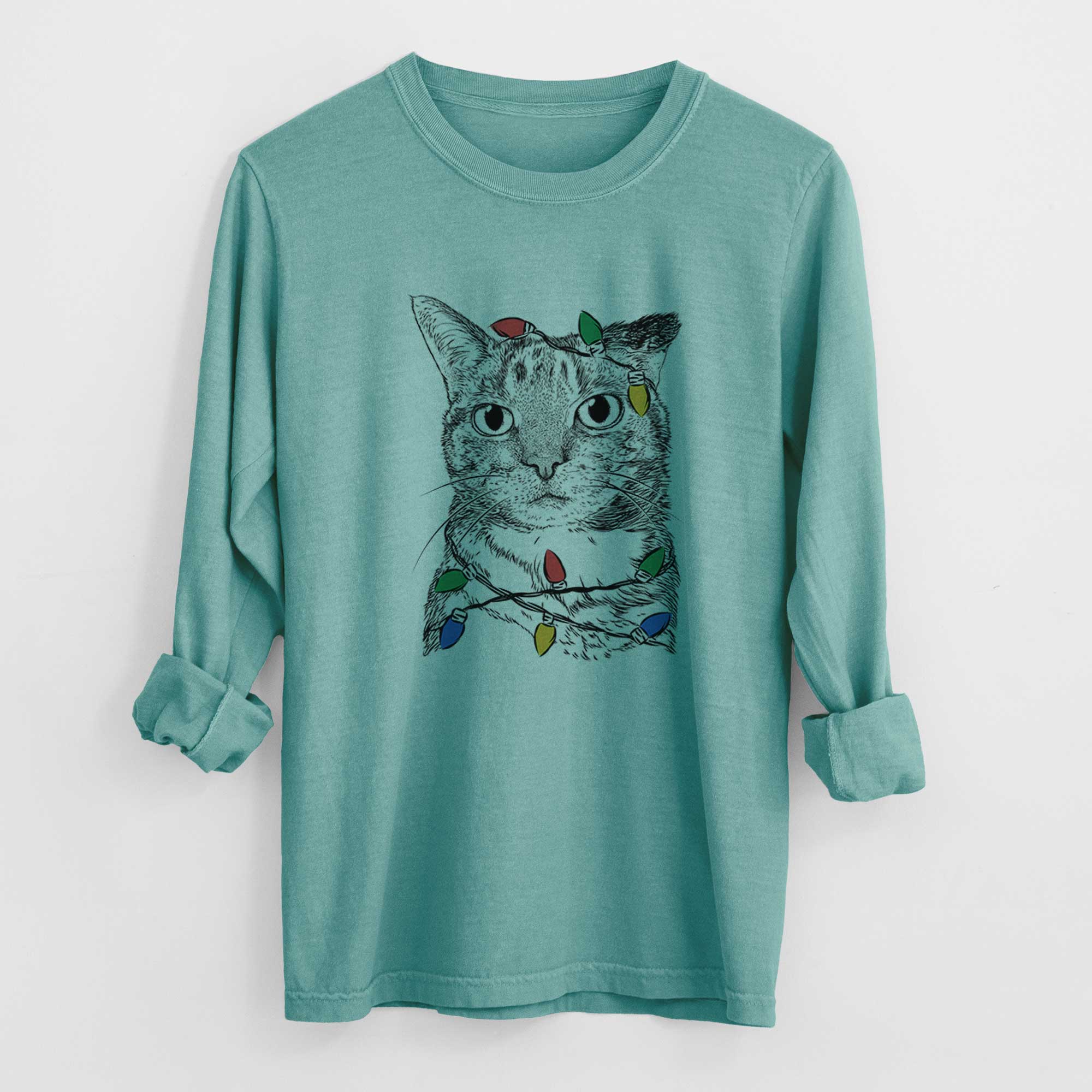 Christmas Lights Eleanor the Domestic Shorthair Cat - Heavyweight 100% Cotton Long Sleeve