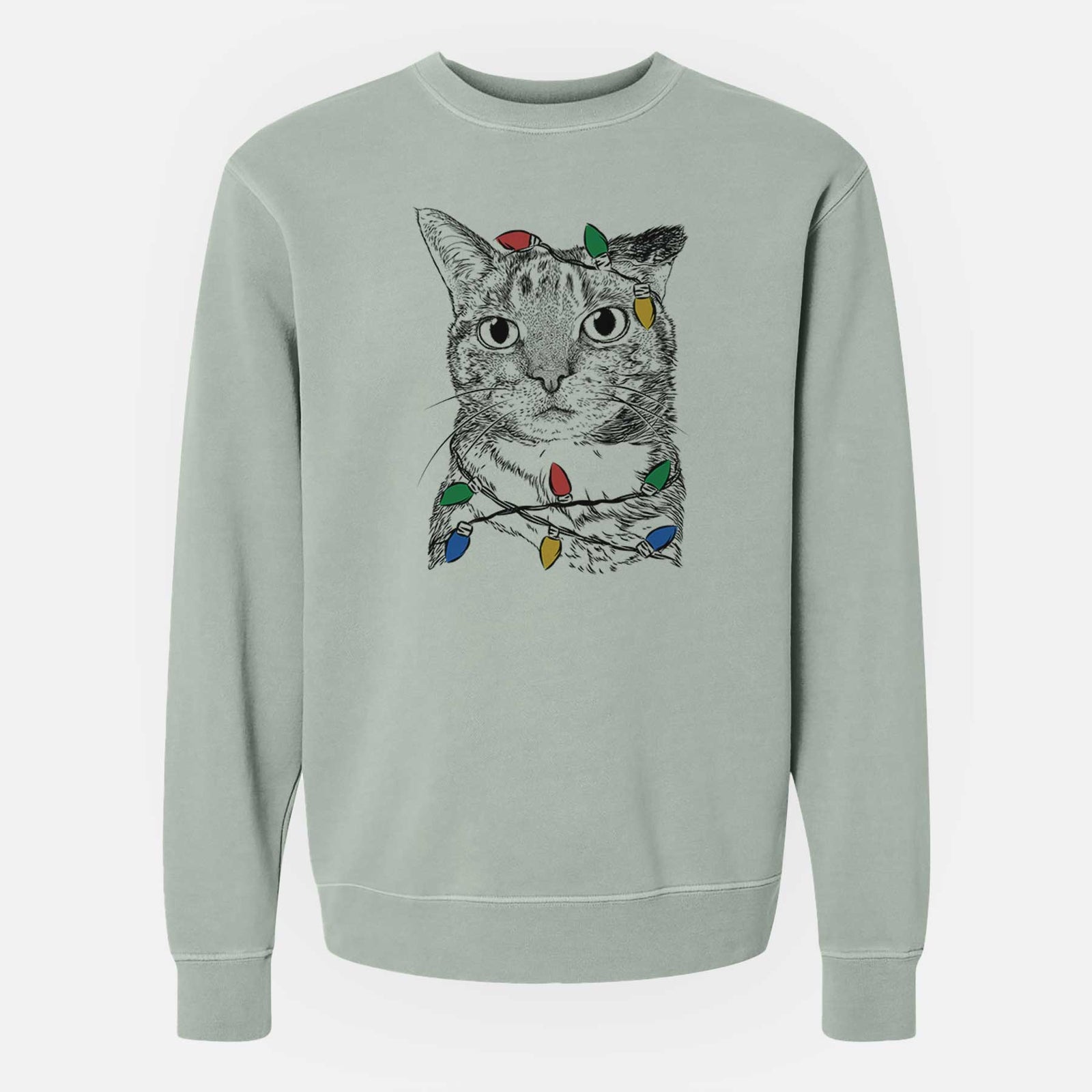 Christmas Lights Eleanor the Domestic Shorthair Cat - Unisex Pigment Dyed Crew Sweatshirt