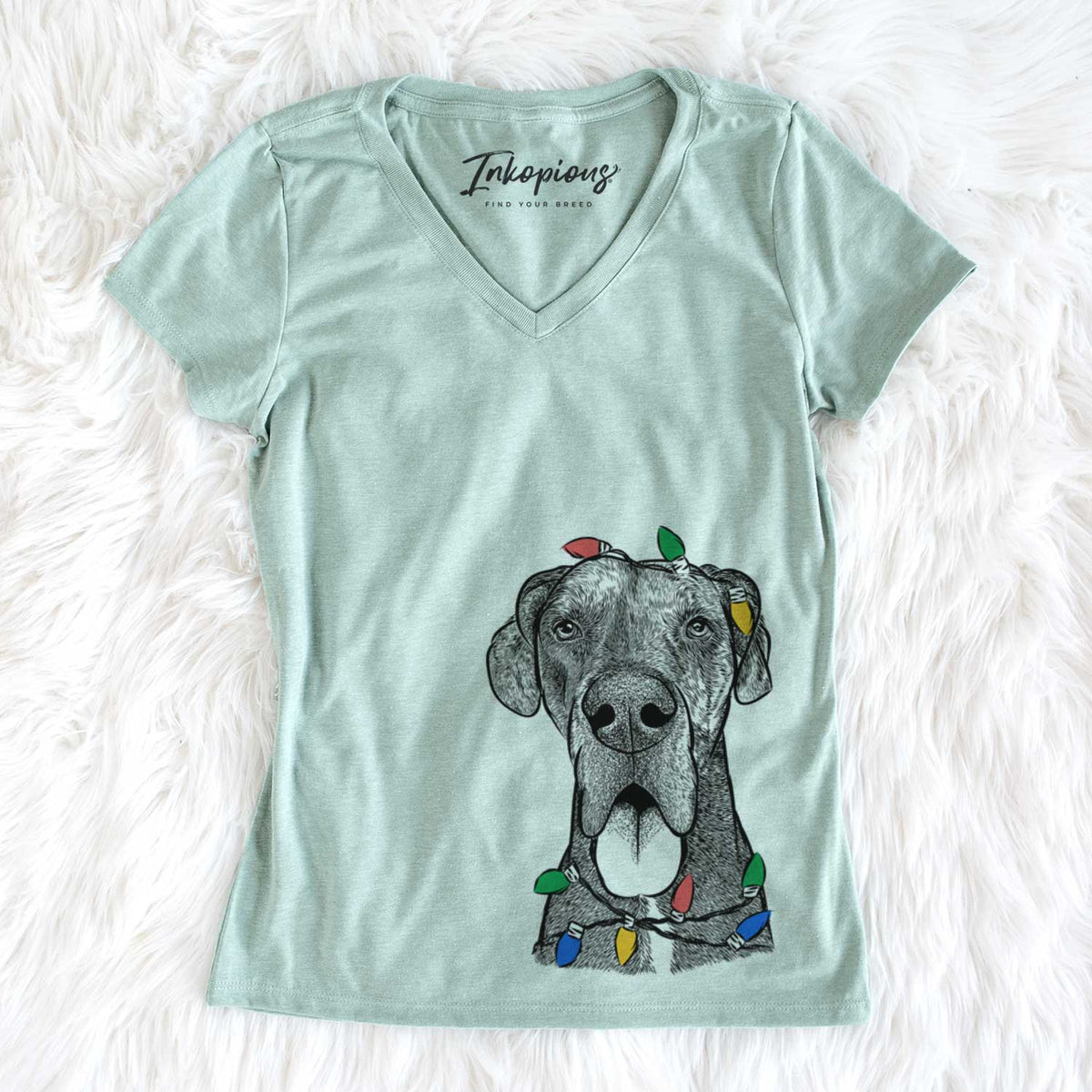 Christmas Lights Eli the Great Dane - Women&#39;s V-neck Shirt