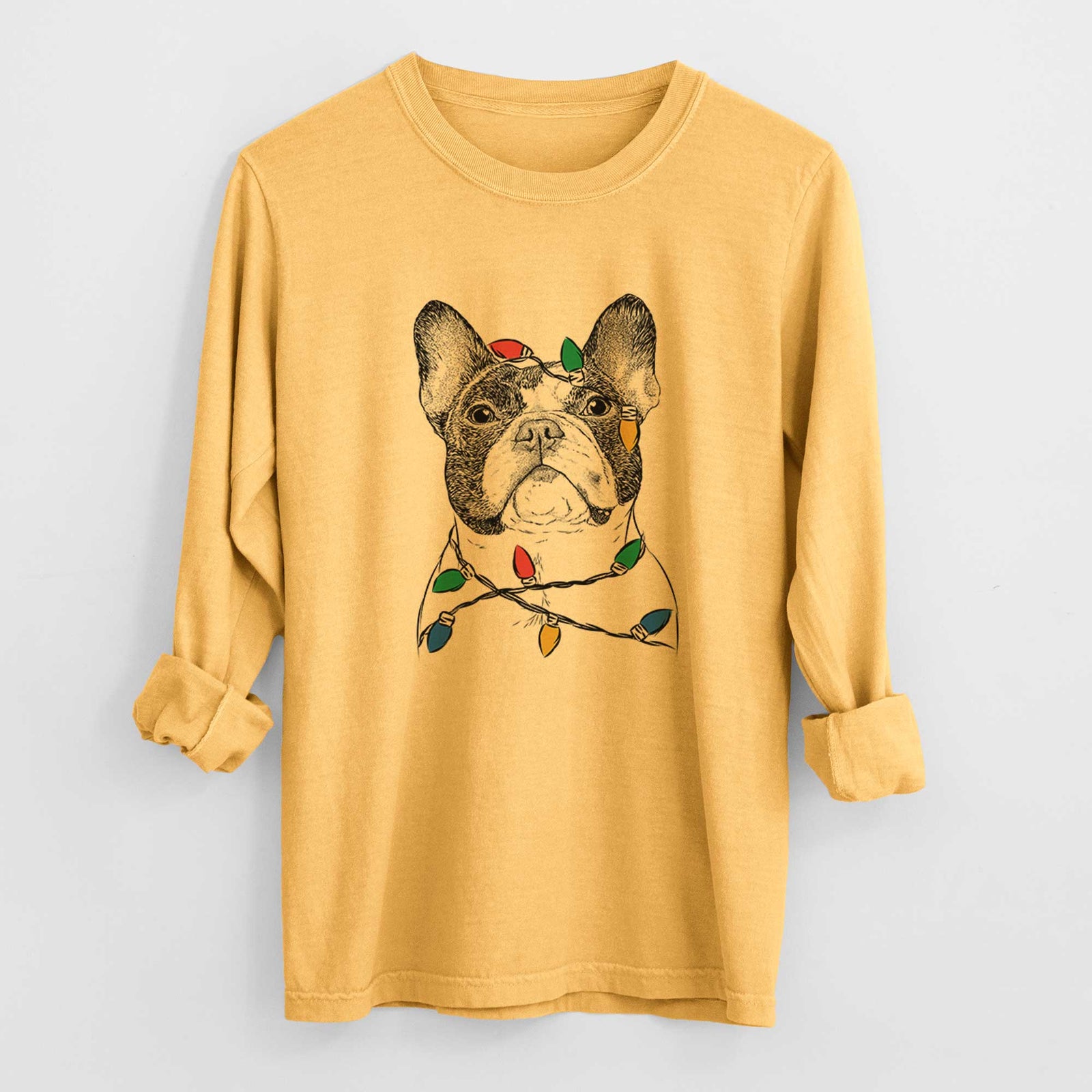 Christmas Lights Ella the French Bulldog - Heavyweight 100% Cotton Long Sleeve