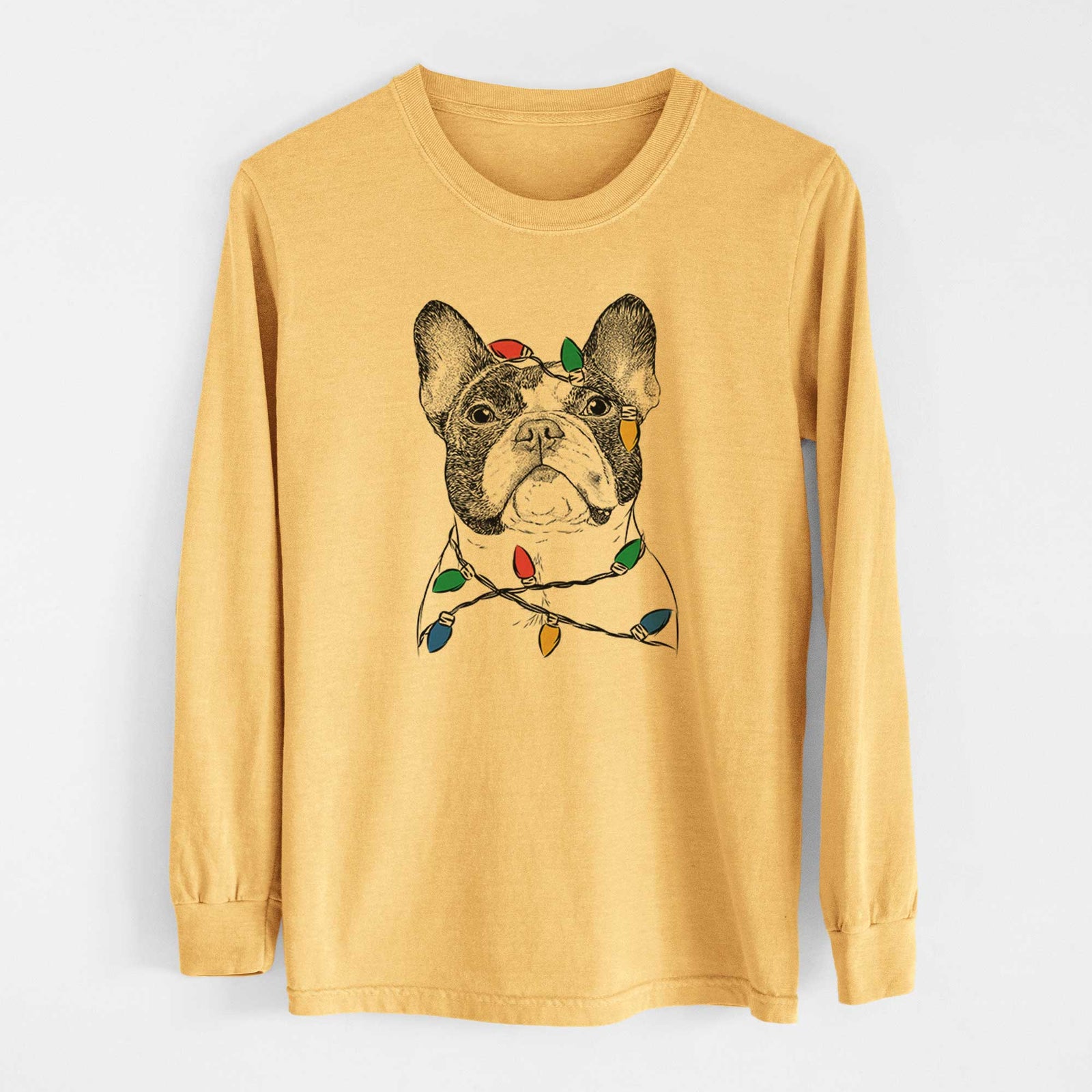Christmas Lights Ella the French Bulldog - Heavyweight 100% Cotton Long Sleeve