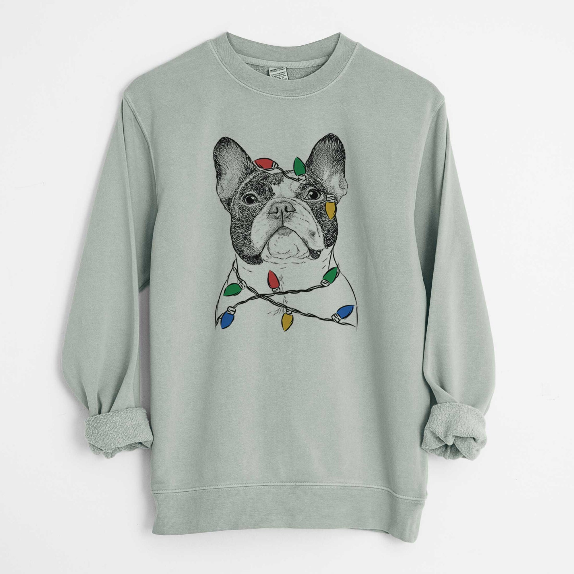 Christmas Lights Ella the French Bulldog - Unisex Pigment Dyed Crew Sweatshirt