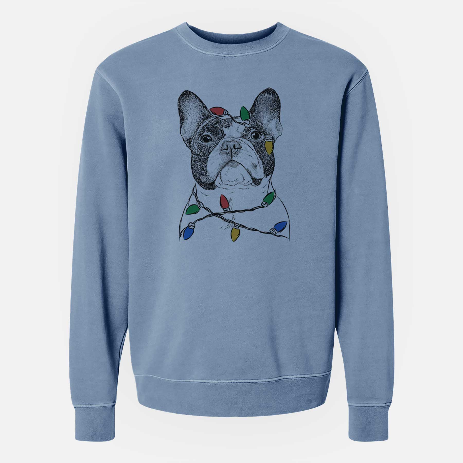 Christmas Lights Ella the French Bulldog - Unisex Pigment Dyed Crew Sweatshirt