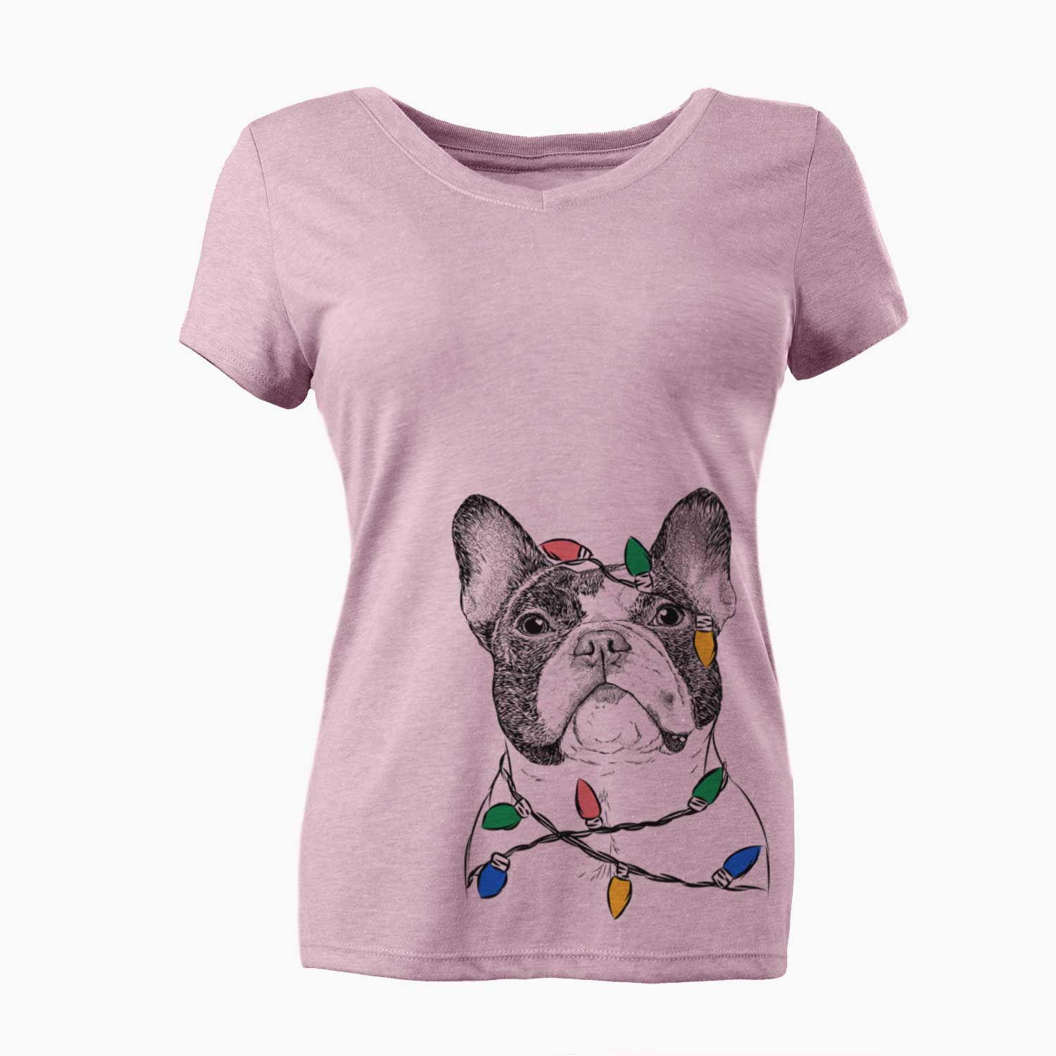 Christmas Lights Ella the French Bulldog - Women's V-neck Shirt