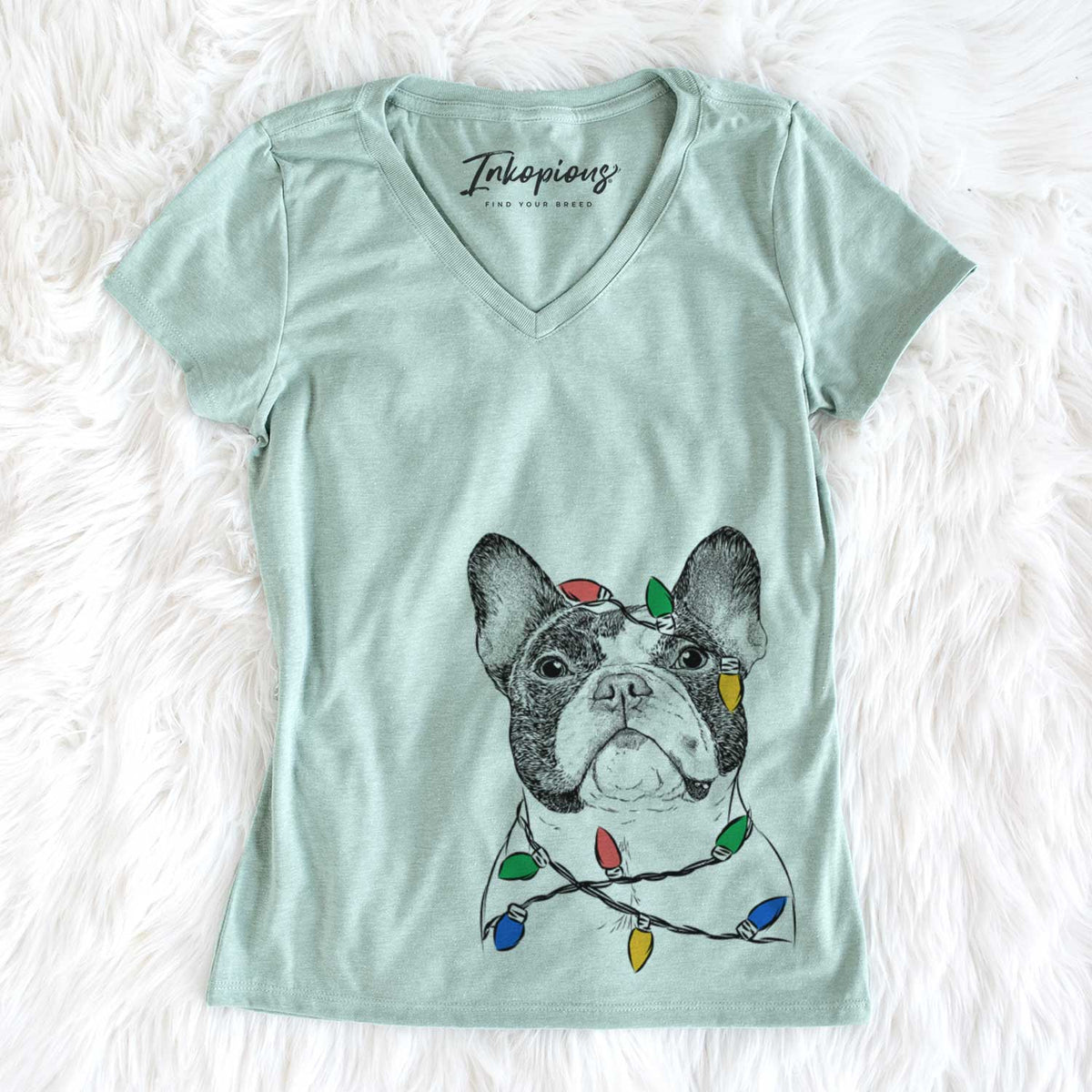 Christmas Lights Ella the French Bulldog - Women&#39;s V-neck Shirt