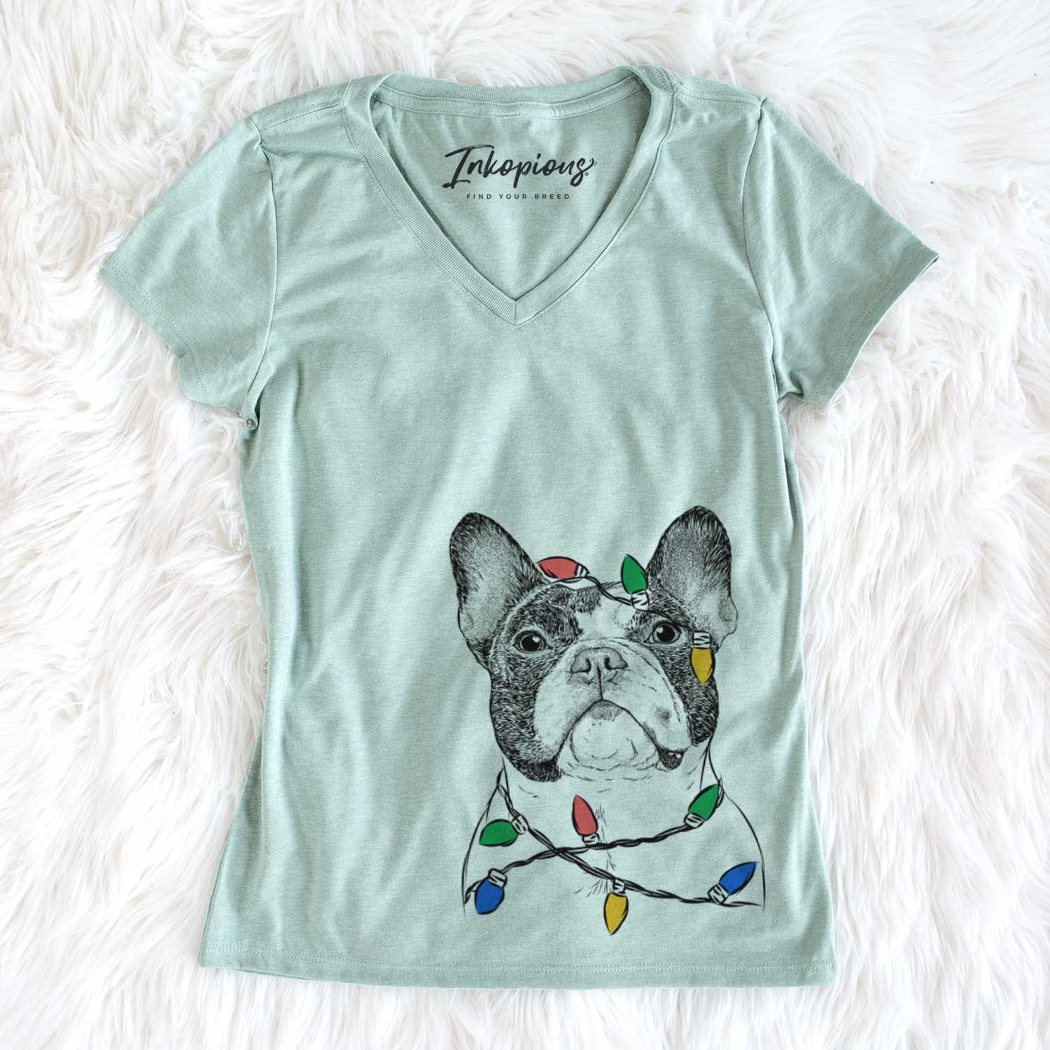 Christmas Lights Ella the French Bulldog - Women's V-neck Shirt