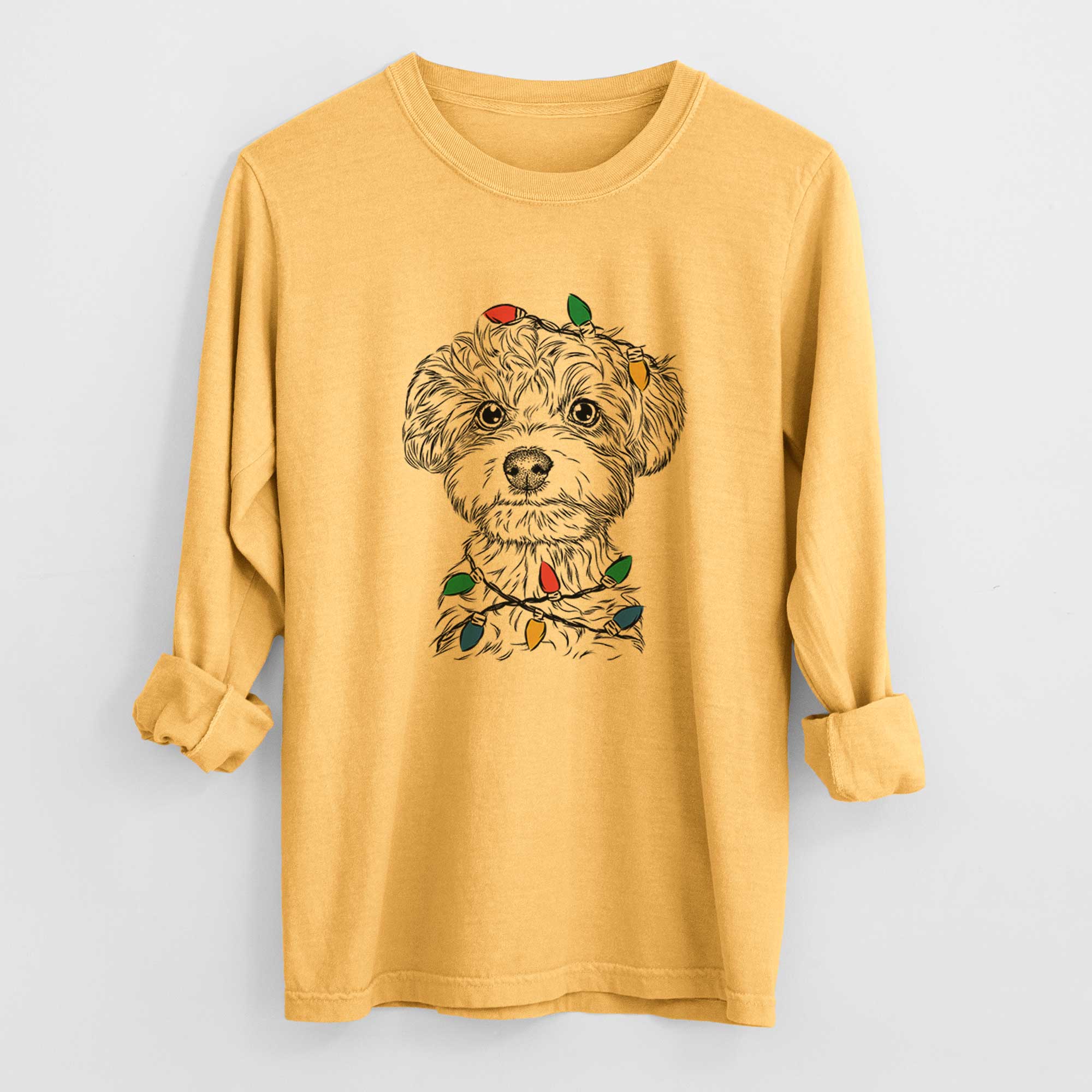 Christmas Lights Elliott the Yorkiepoo - Heavyweight 100% Cotton Long Sleeve