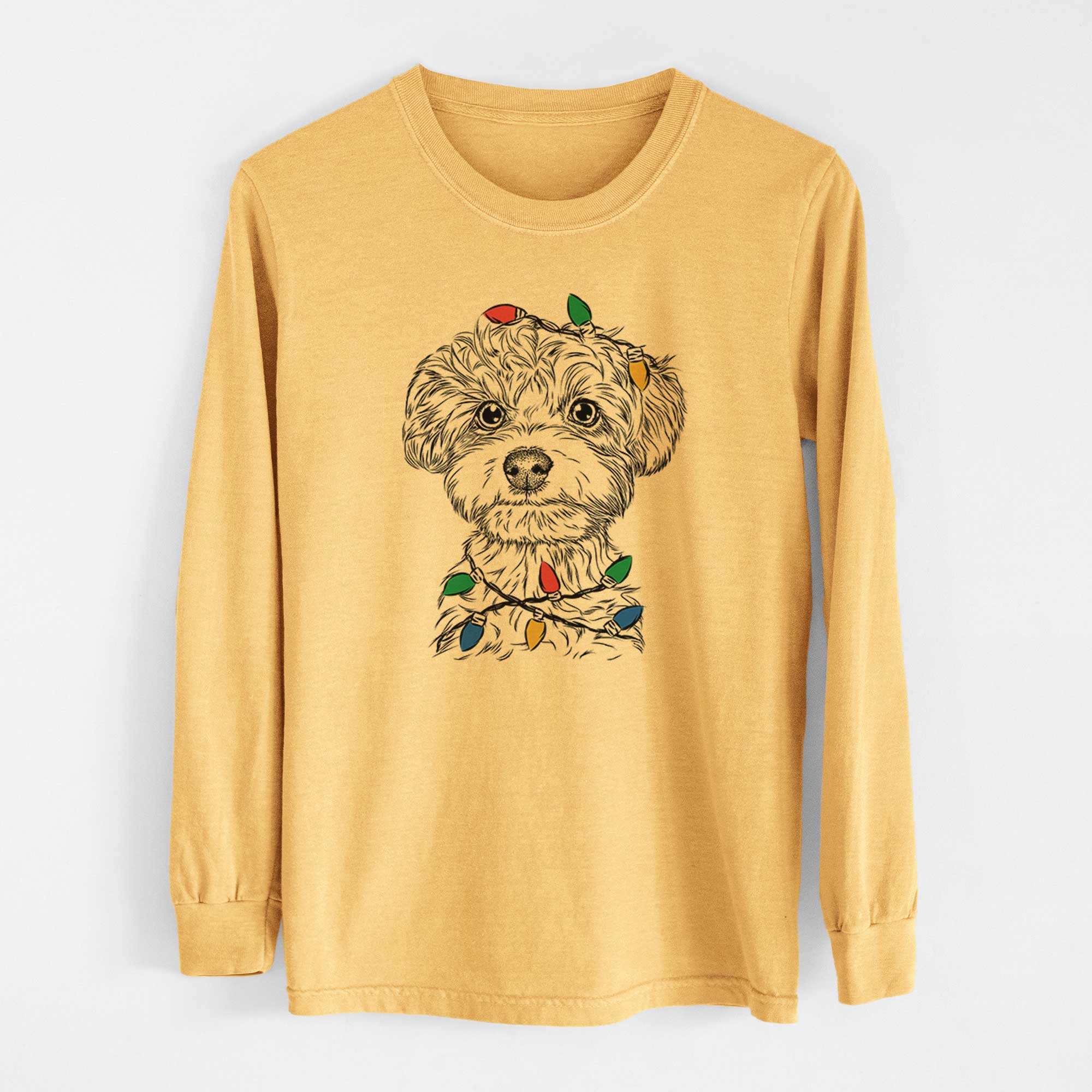 Christmas Lights Elliott the Yorkiepoo - Heavyweight 100% Cotton Long Sleeve