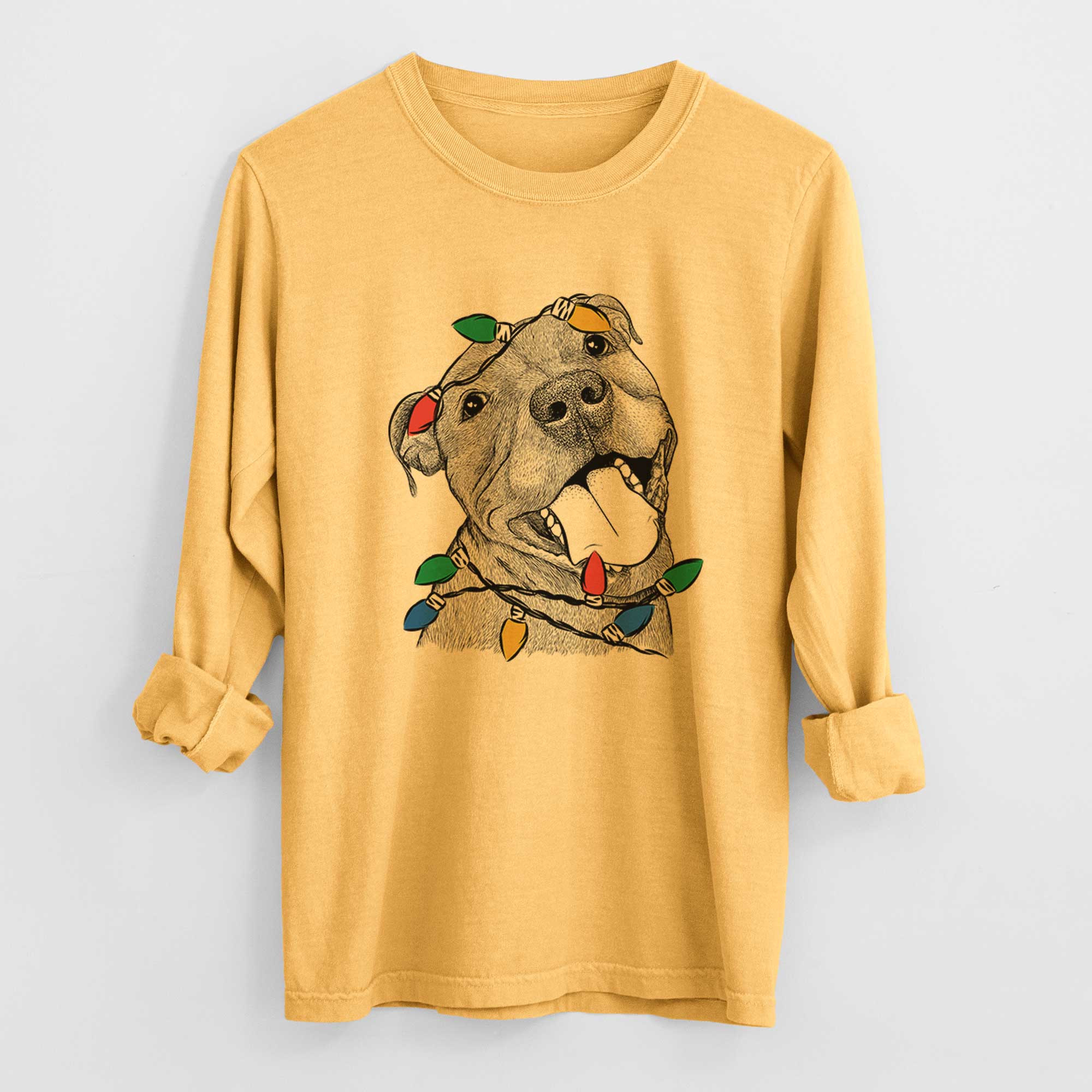 Christmas Lights Eloise the Pitbull Mix - Heavyweight 100% Cotton Long Sleeve