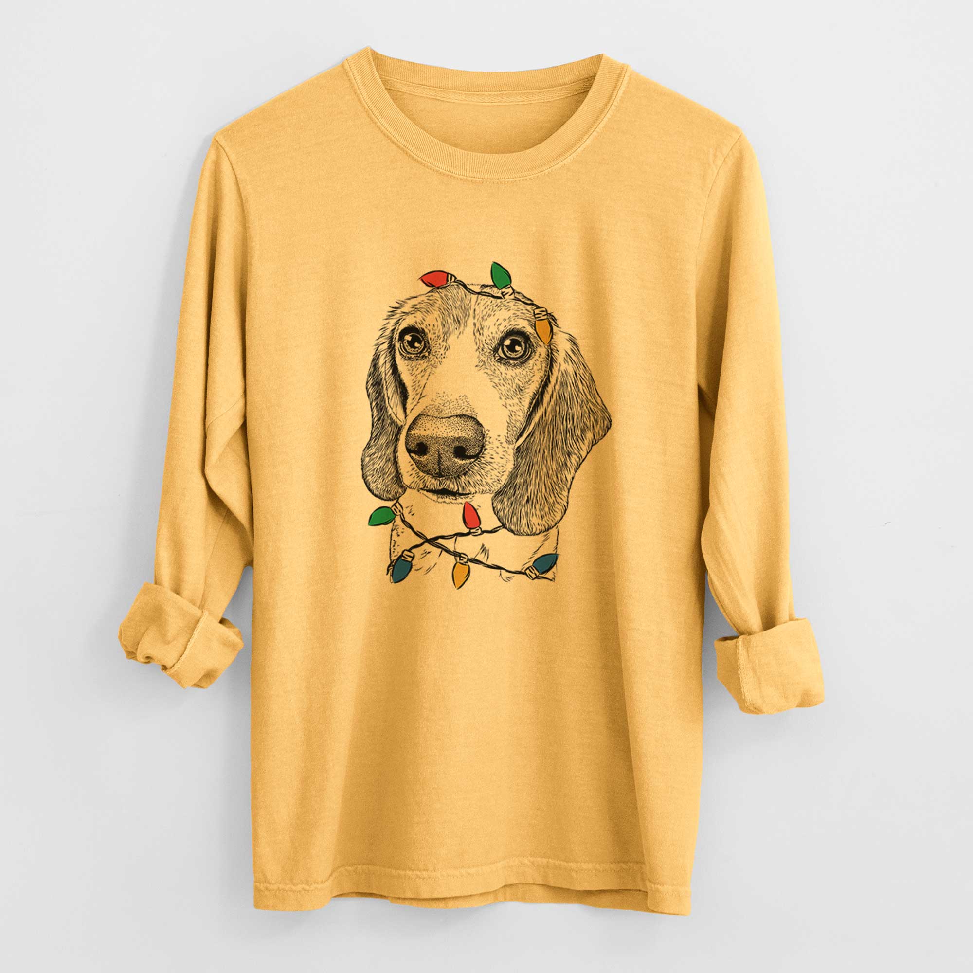 Christmas Lights Elvis the Bluetick Beagle - Heavyweight 100% Cotton Long Sleeve