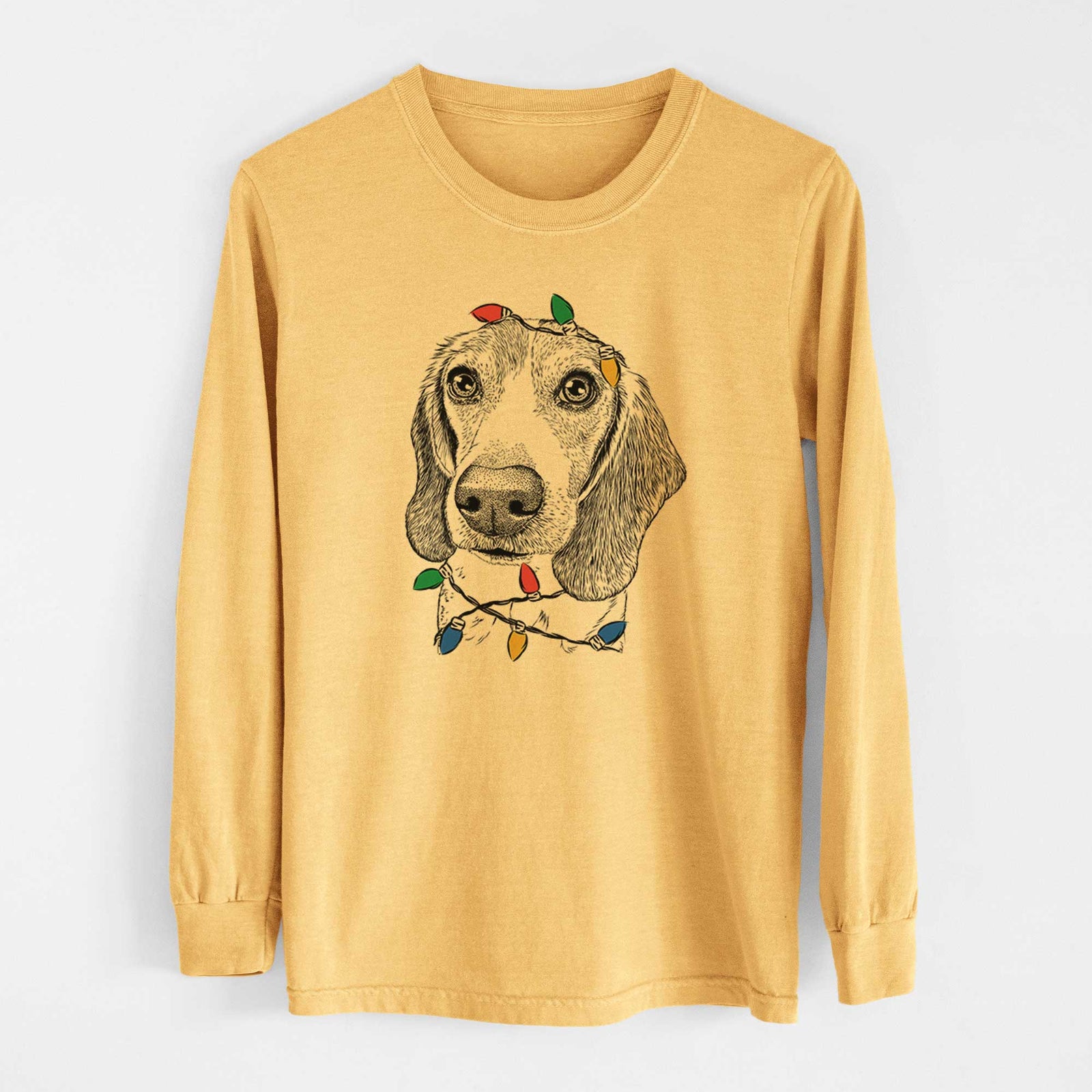 Christmas Lights Elvis the Bluetick Beagle - Heavyweight 100% Cotton Long Sleeve