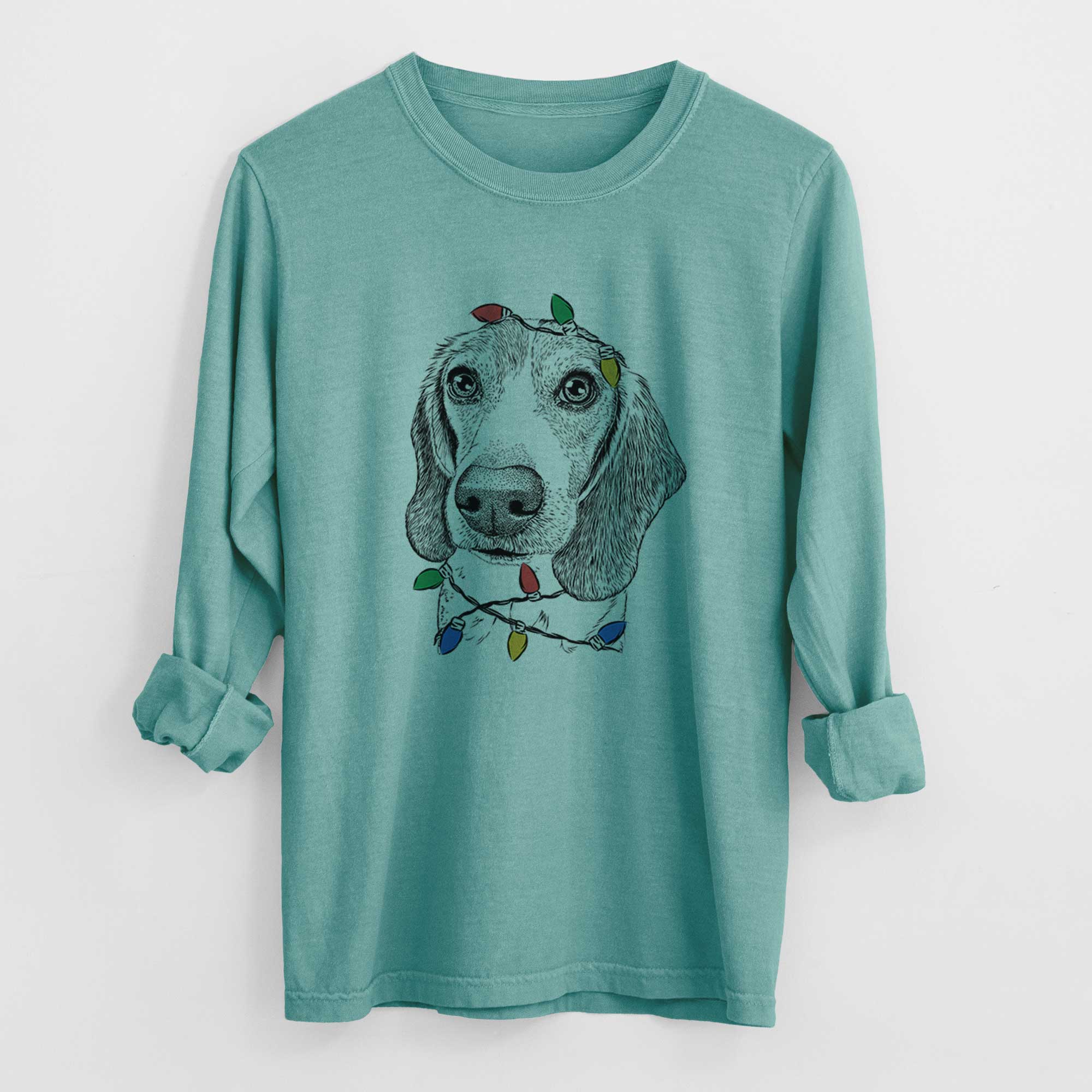 Christmas Lights Elvis the Bluetick Beagle - Heavyweight 100% Cotton Long Sleeve